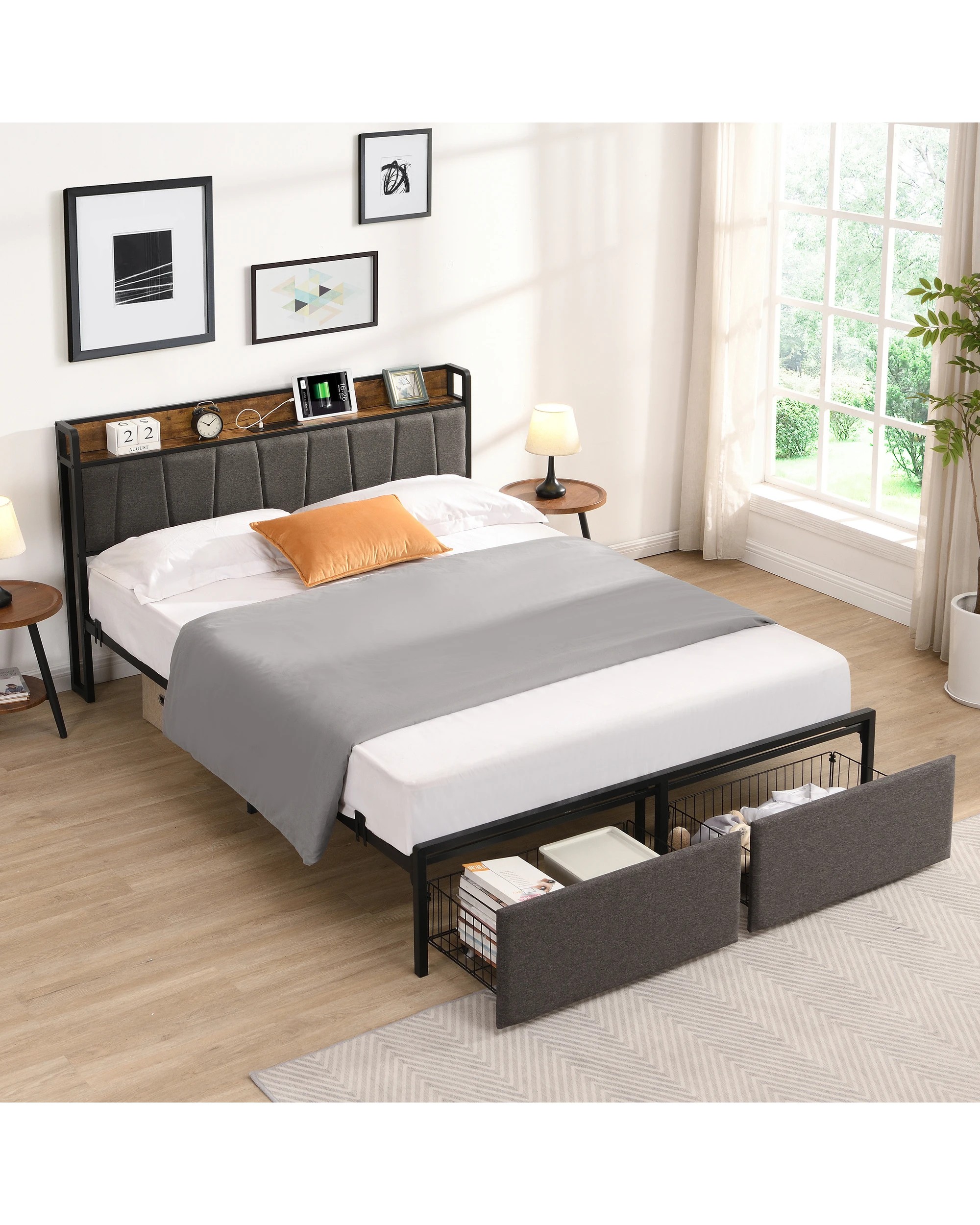 4 IHOMDEC BED04 Queen Bed Frame Charging Station 2 Drawers - Grey - Queen Bed - Grey, 4 of 10