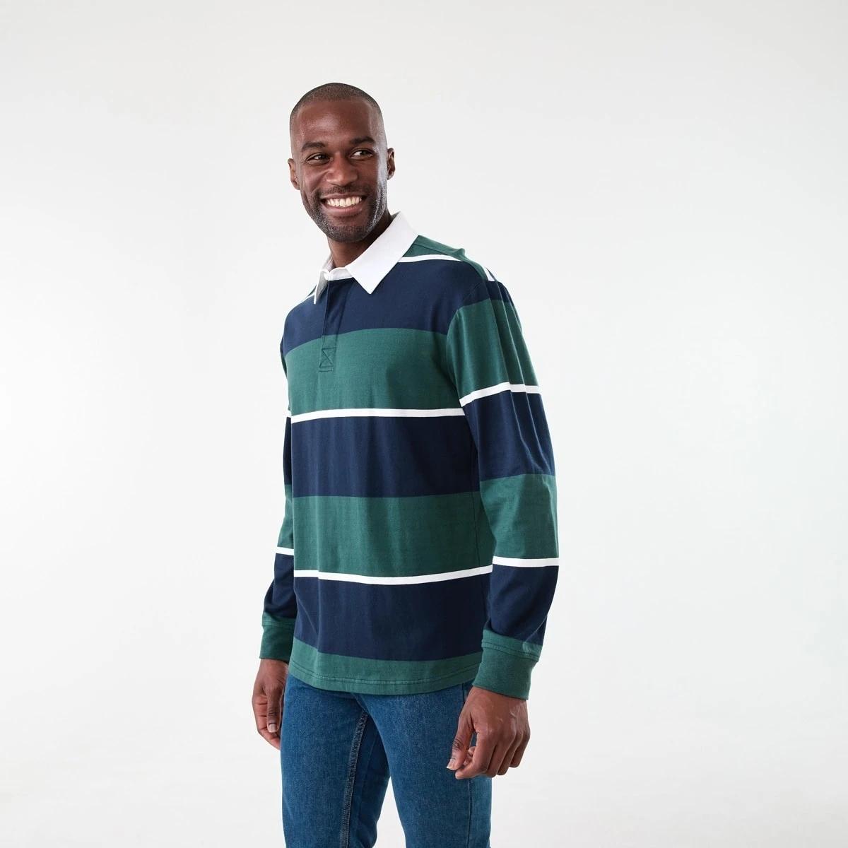 2 Long Sleeve Striped Rugby Shirt Grn Strp, 2 of 5