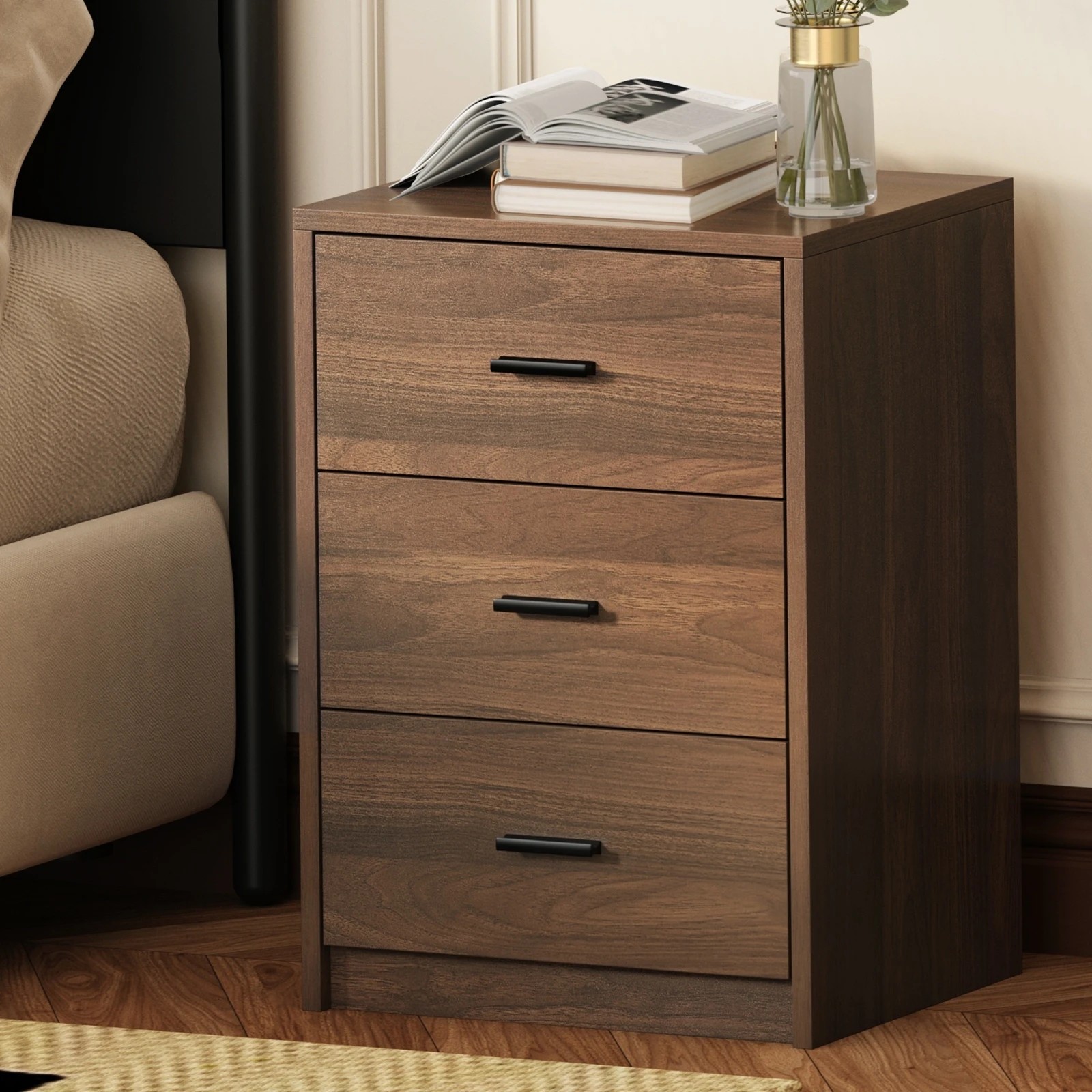 3 Oikiture Bedside Table 3 Drawers Nightstand Bedroom Storage Side End - Brown, 3 of 9