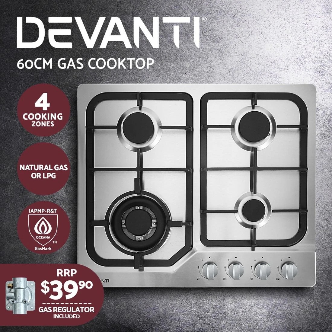 3 Devanti Gas Cooktop 60cm 4 Burner Silvir - Silver, 3 of 6