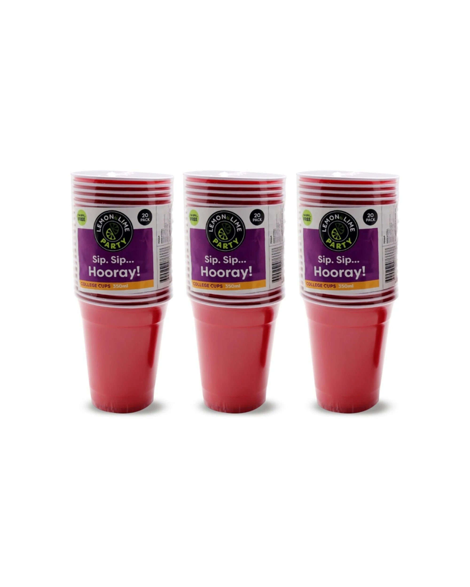 1 Lemon & Lime 3PK 20PK 350ml College Party Cups BPA Free Durable Reusable Set - Red, 1 of 3