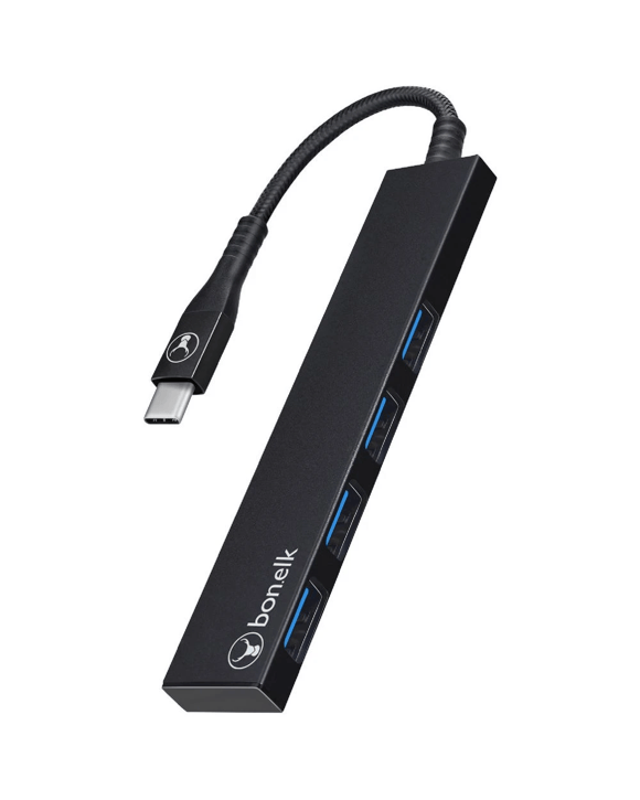 Bonelk Long-Life USB-C to 4 Port USB 3.0 Slim Hub Black