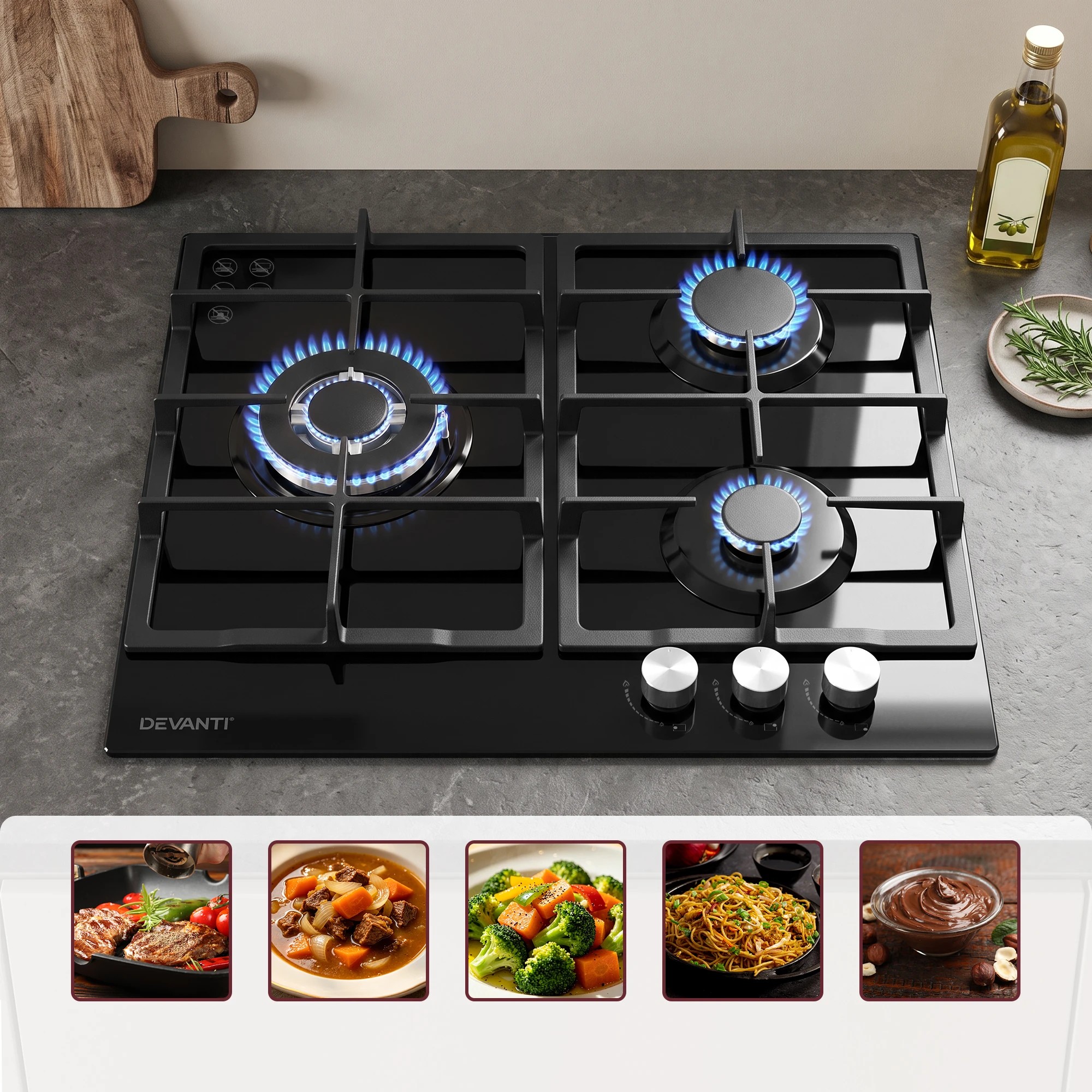 4 Devanti 59cm Gas Cooktop 3 Burner - Black, 4 of 10