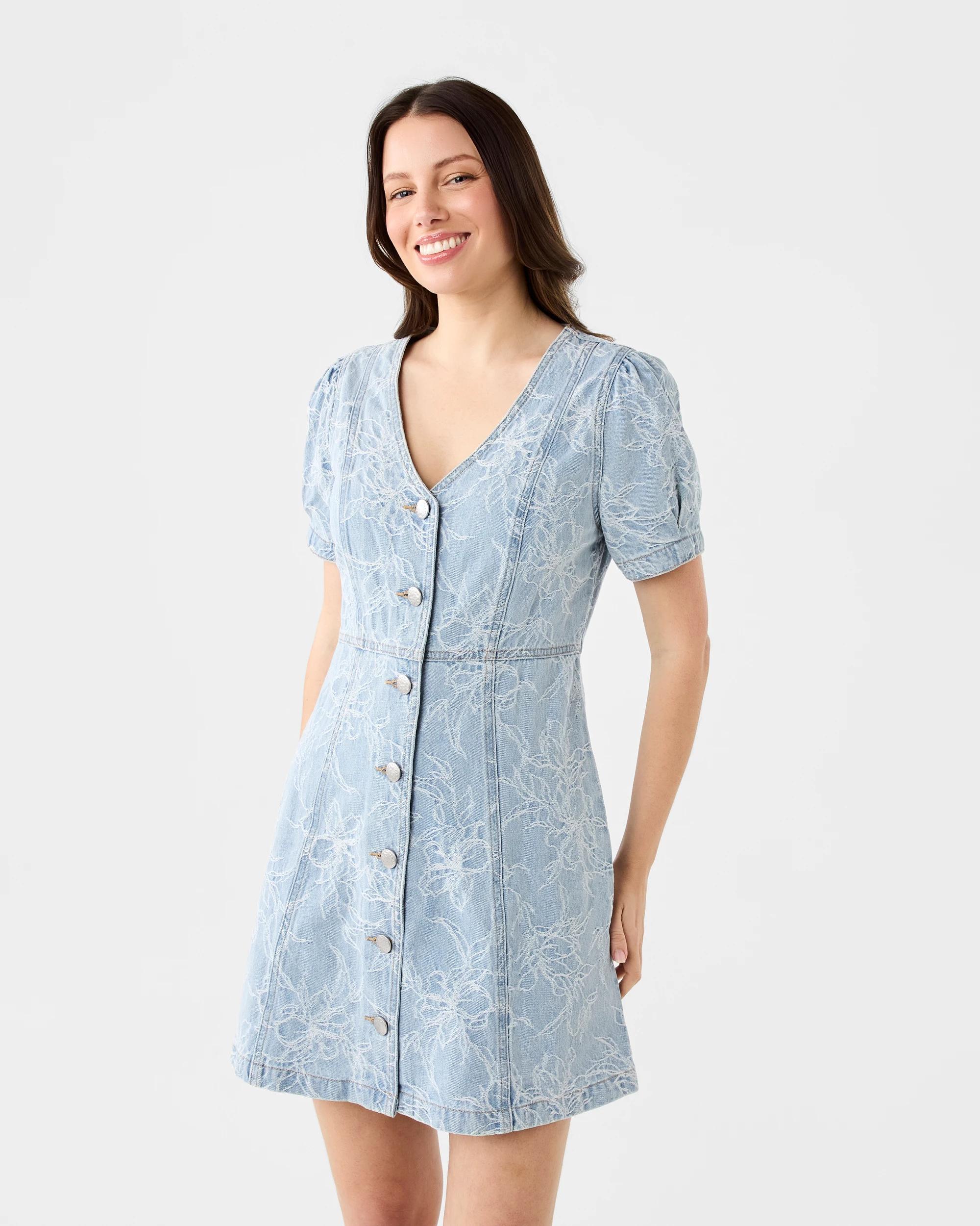 1 Short Sleeve Jacquard Denim Mini Dress Flrl Denim, 1 of 7