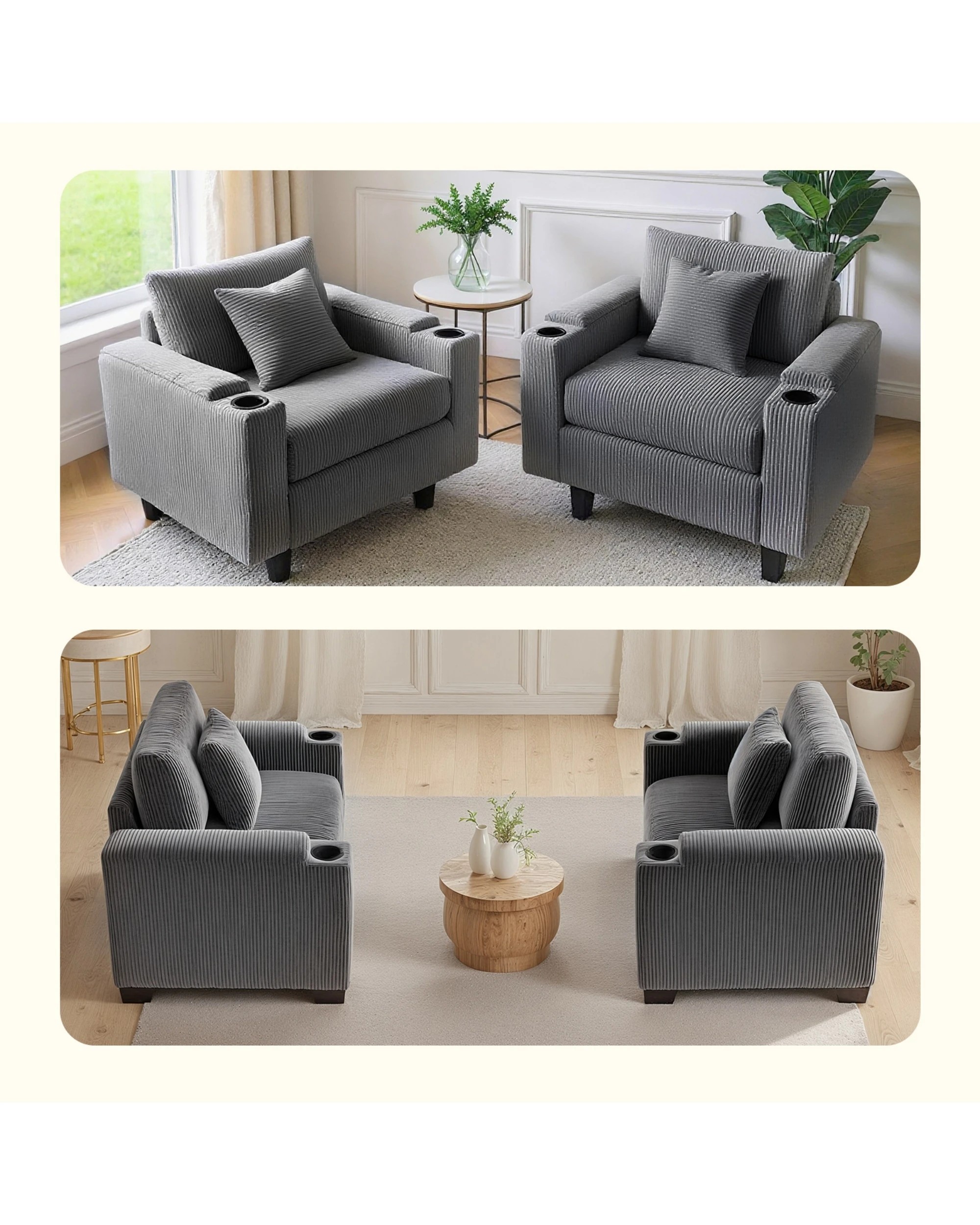 3 Advwin Single Sofa w/ Storage Armrests Corduroy Armchair w/ Cup Holder Modern Lounge Sofa Couch with Cushion, 3 of 9