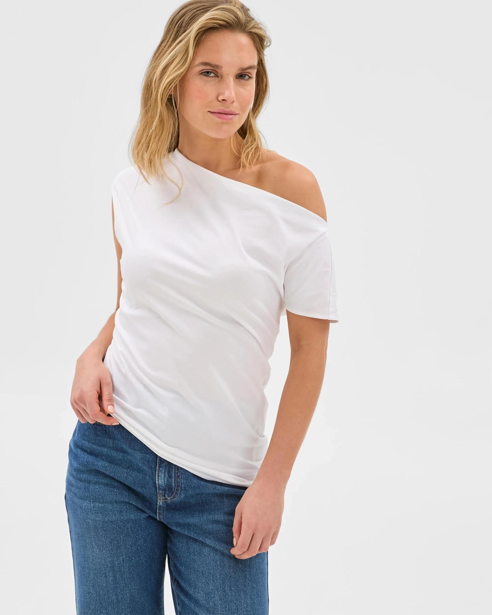 1 Australian Cotton Blend Slouchy Asymmetrical T-Shirt - Lily Loves LILY WHITE, 1 of 6