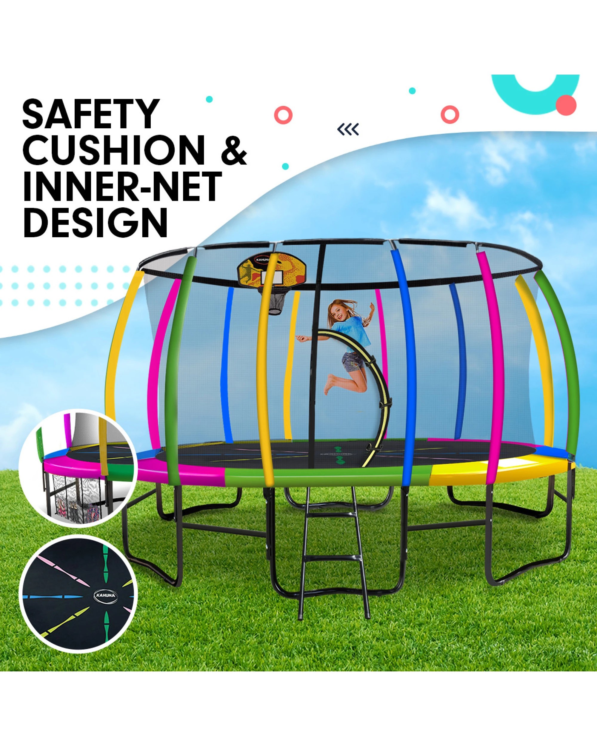 5 Kahuna Trampoline 16 Ft With Basketball Set - Rainbow, 5 of 9