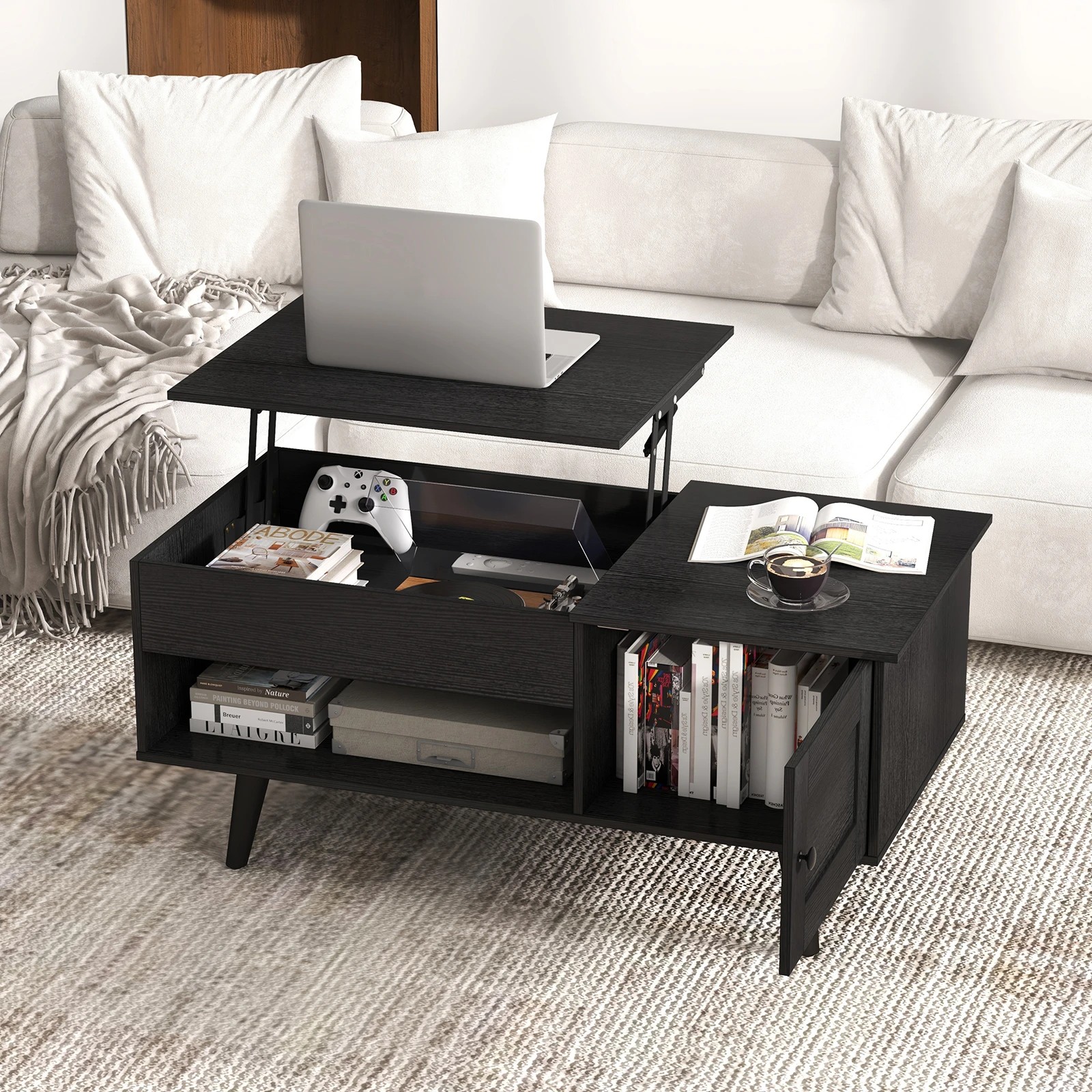 3 Costway Lift-Top Coffe Table Wooden Coffee Table Hidden Storage Cabinet - Black, 3 of 7