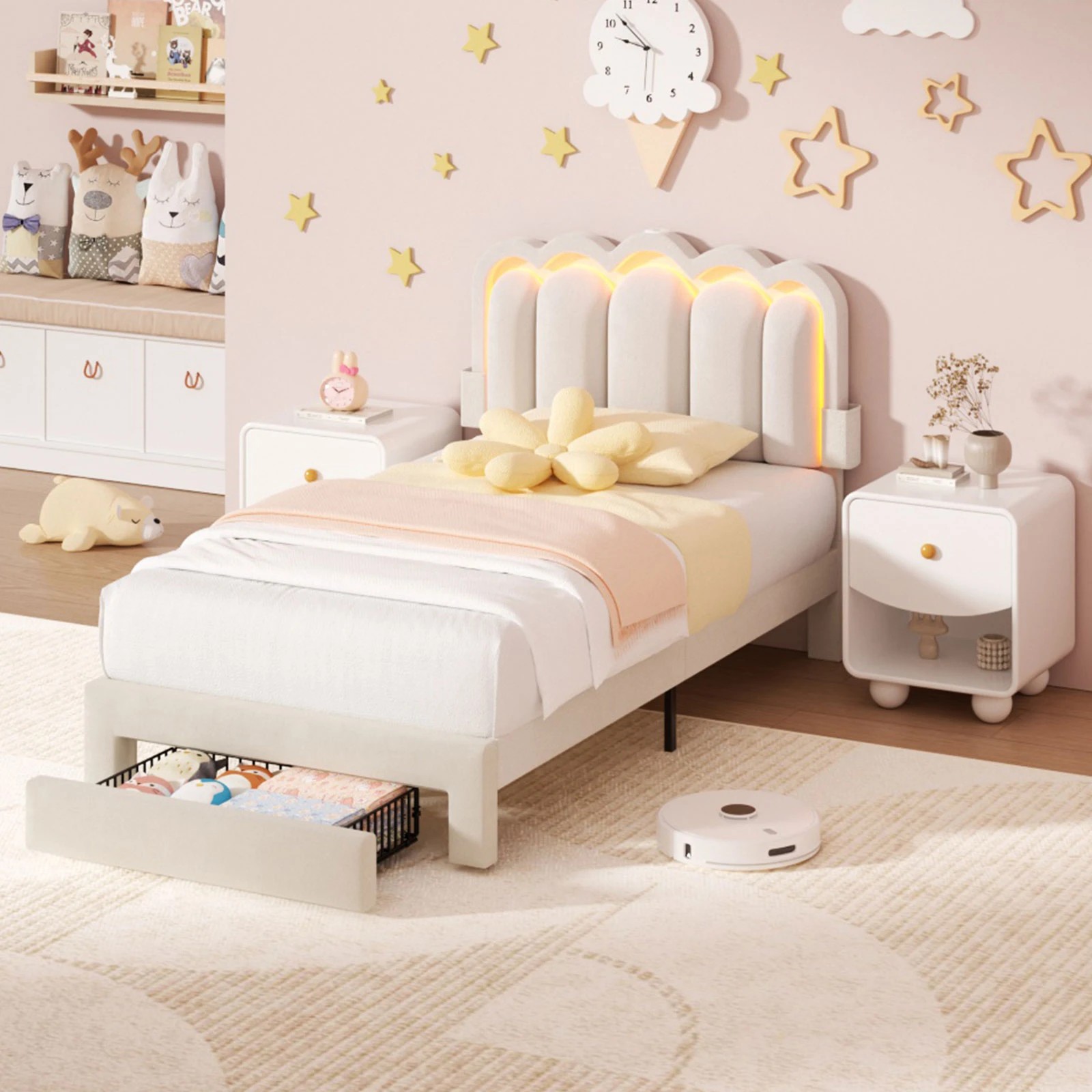 7 Advwin LED Bed Frame with Adjustable Headboard and Drawer USB Velvet King Single - Beige, 7 of 7