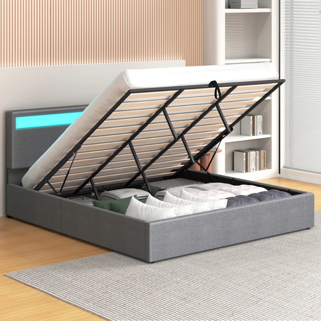 4 Alfordson Bed Frame King Size RGB LED Gas Lift Storage Base Fbric Luchino - Grey, 4 of 10