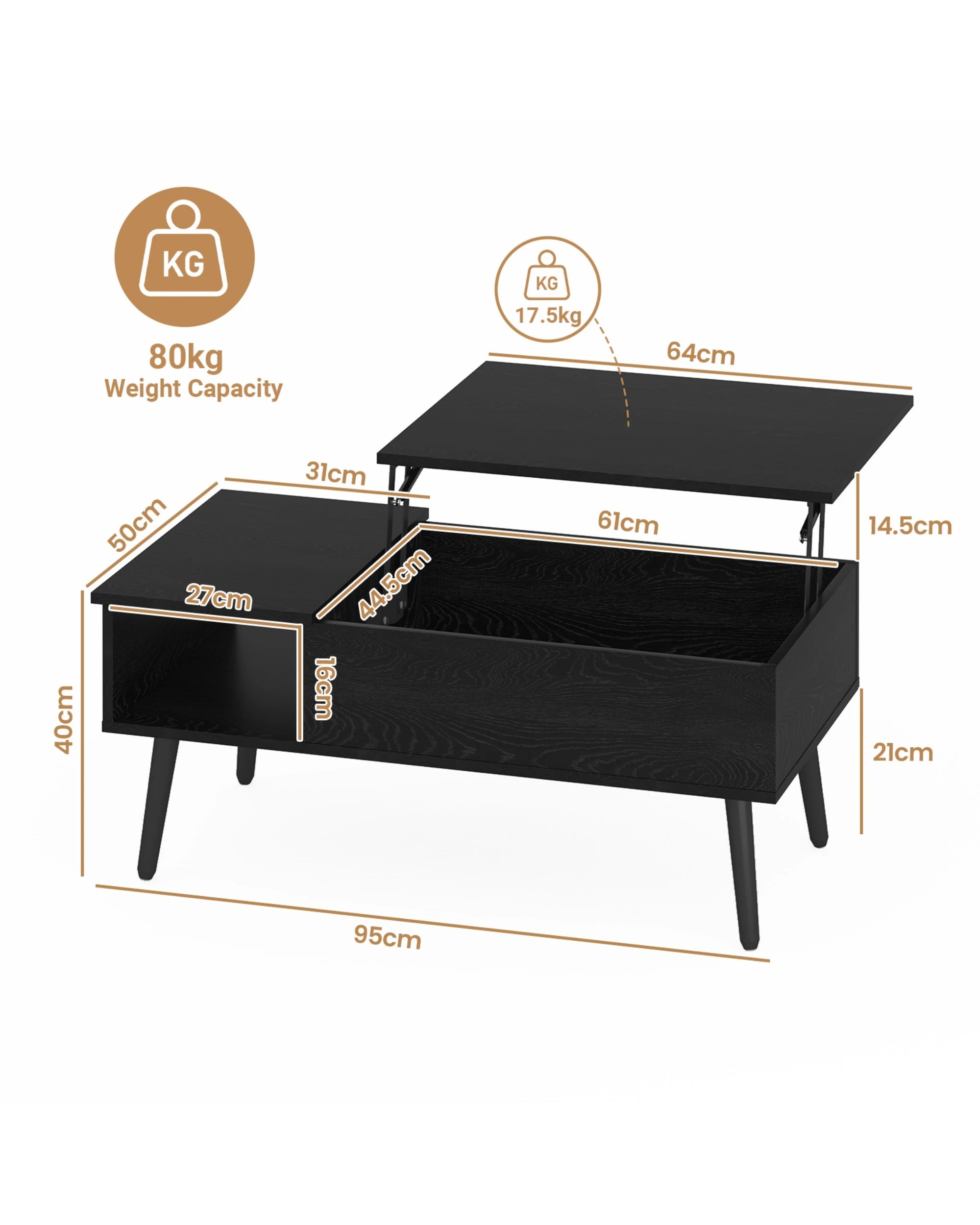 2 Advwin Lift Up Top Coffee Table Side Table w/ Hidden Storage & Shelf Black, 2 of 8