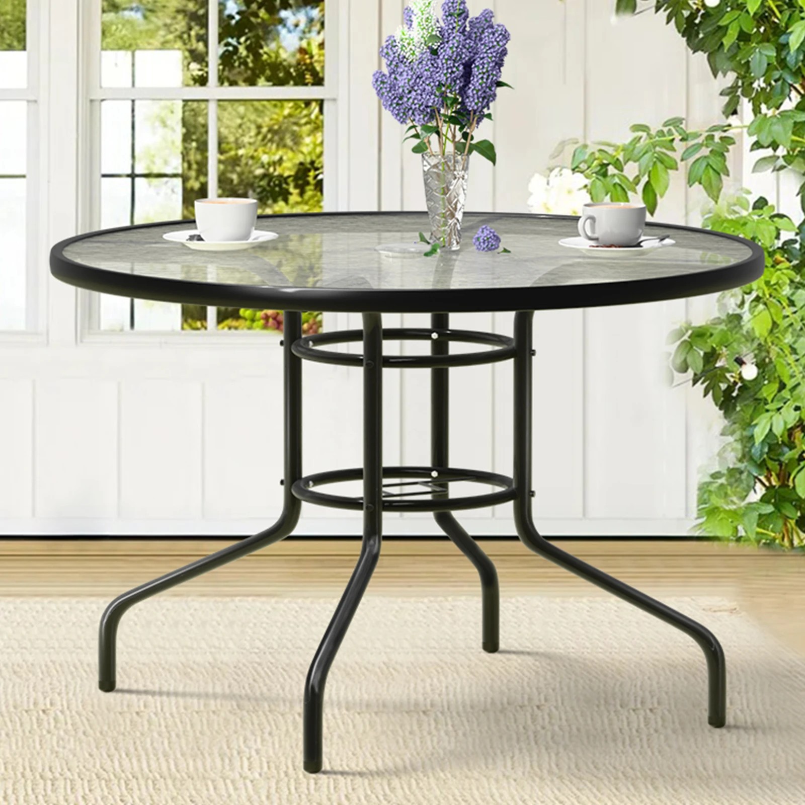 2 Alfordson Outdoor Furniture Patio Dining Table Garden 90CM Round Glass - Black, 2 of 10