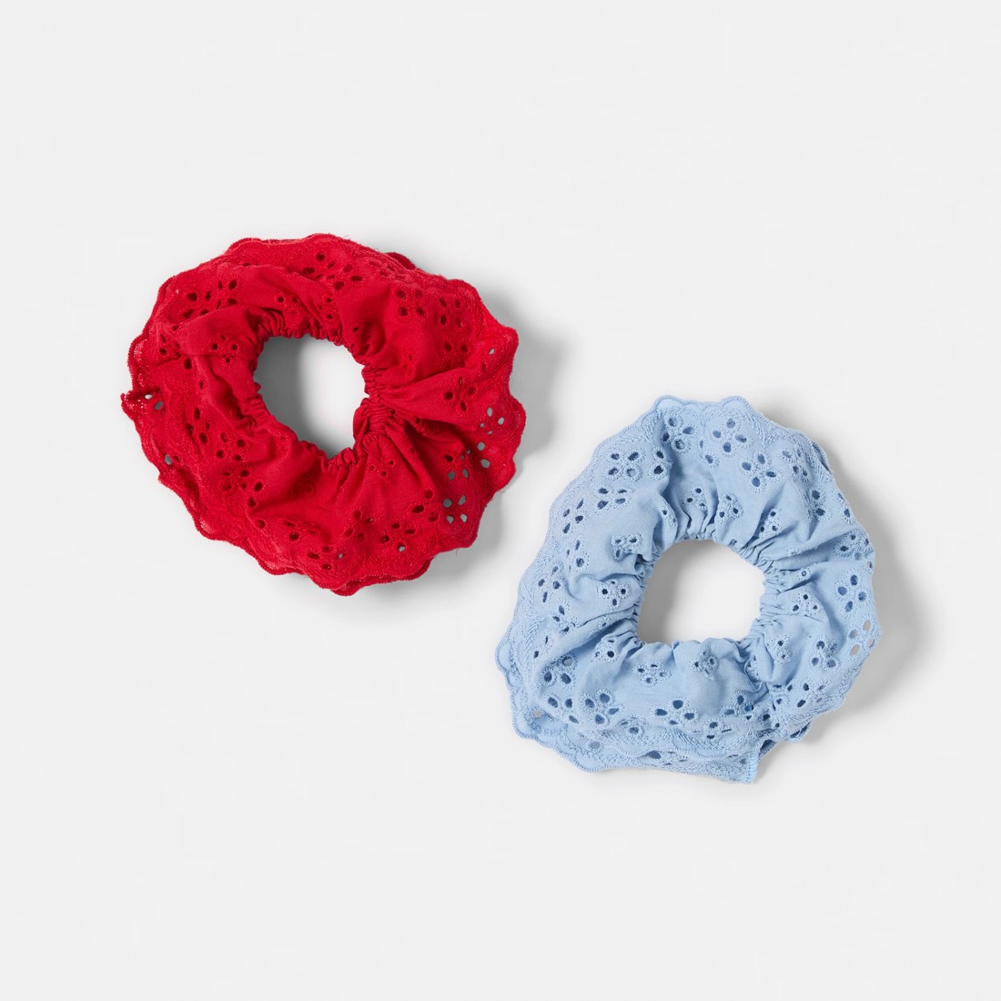 2 2 Pack Broderie Scrunchies - Blue and Red, 2 of 3