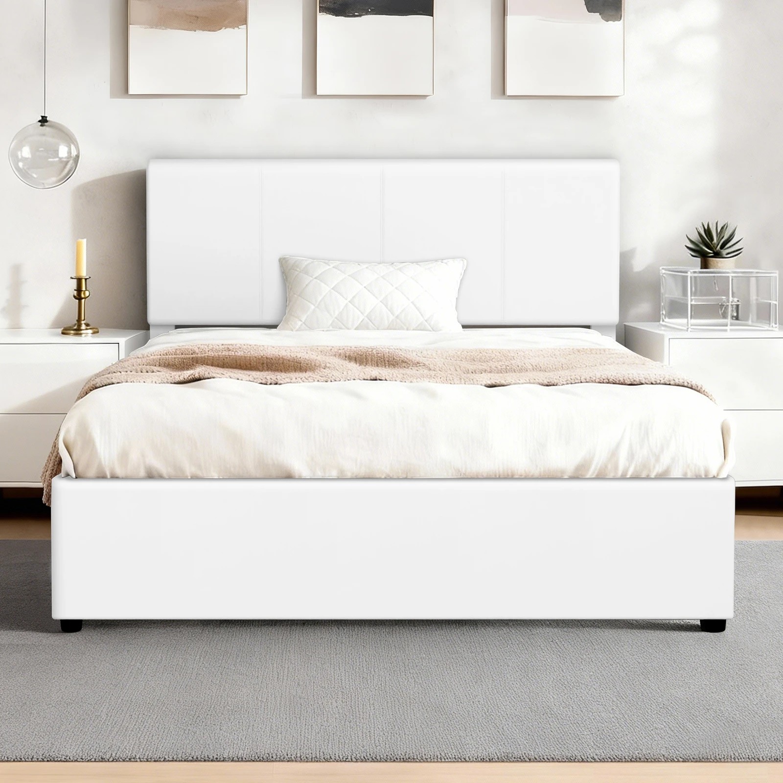 3 Alfordson Bed Frame Single Gas Lift Storage Adjustable Headboard Luria - White, 3 of 10