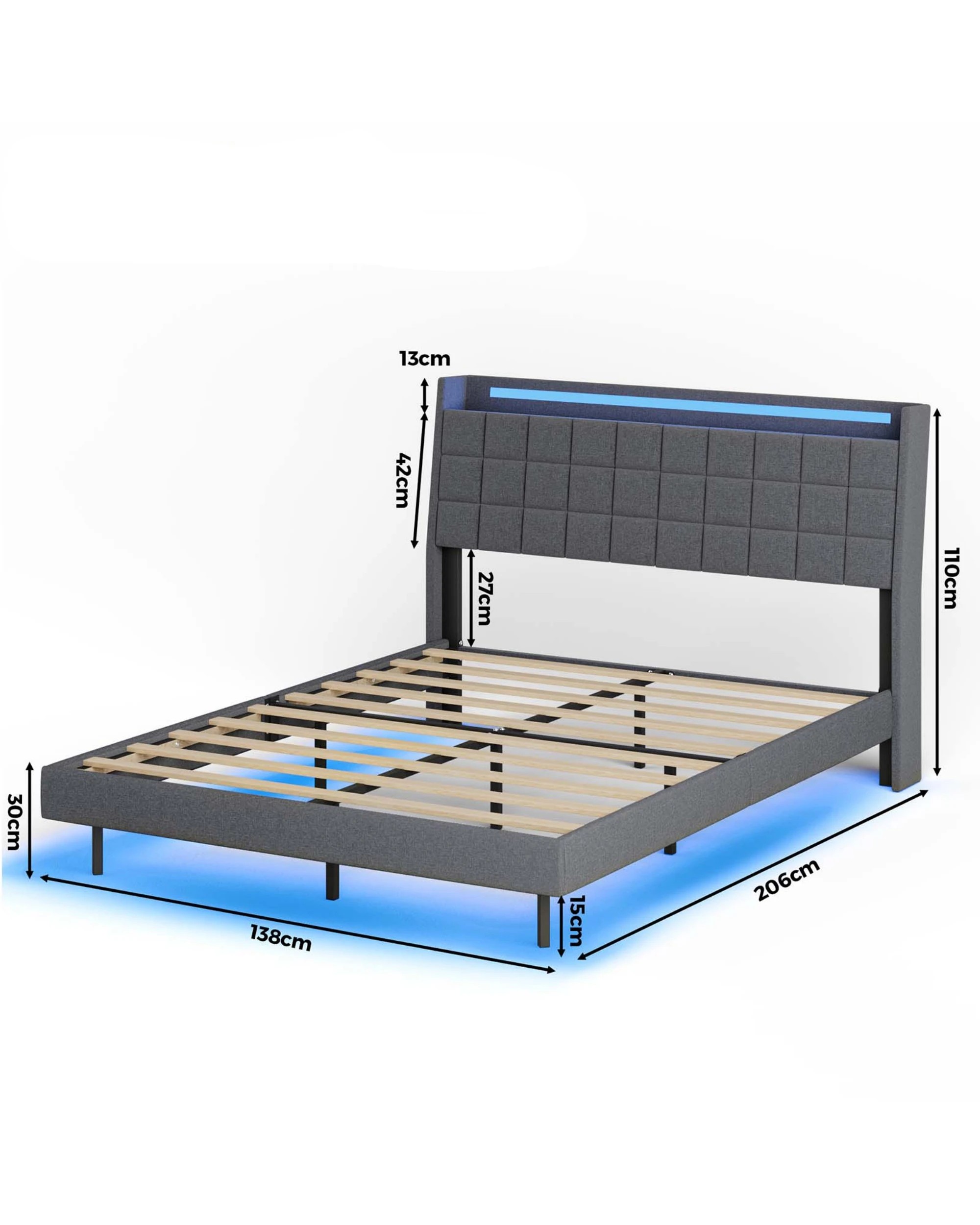 3 Advwin Double Floating Bed Frame with LED Lights and Storage Headboard - Grey, 3 of 5