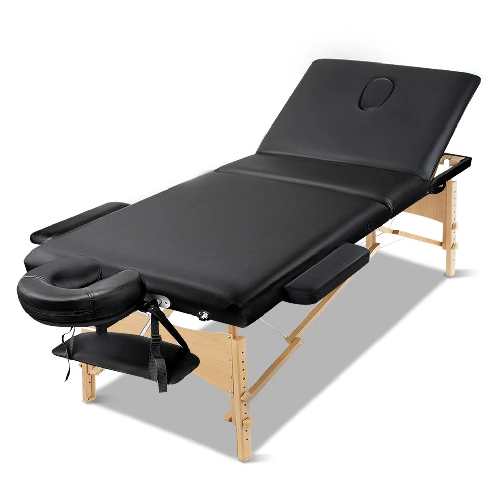 1 Zenses Massage Table 75cm Portable 3 Fold Wooden Beauty Bed - Black, 1 of 7