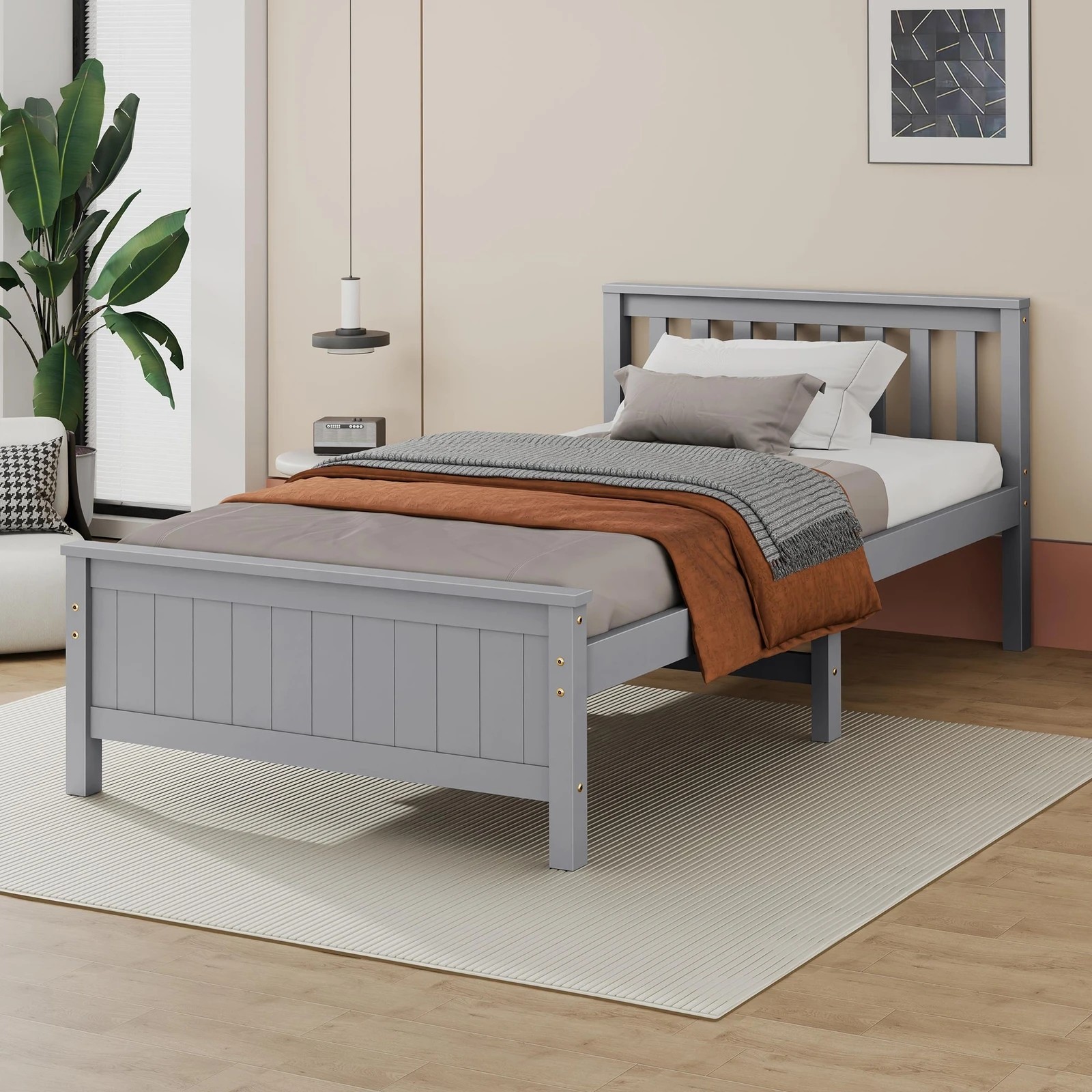 6 Alfordson Bed Frame Wooden King Single Slatted Headboard Timber Fabiano - Grey, 6 of 10