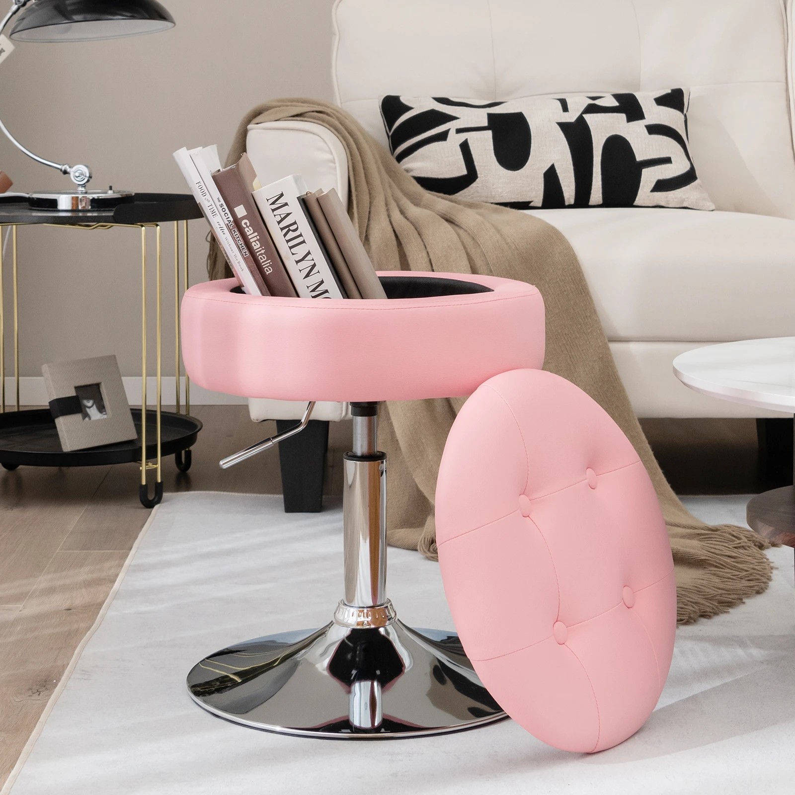 3 Costway Swivel Stool PU Leather w/Flipped Lid Storage Makeup Dressing Chair Side Table - Pink, 3 of 5