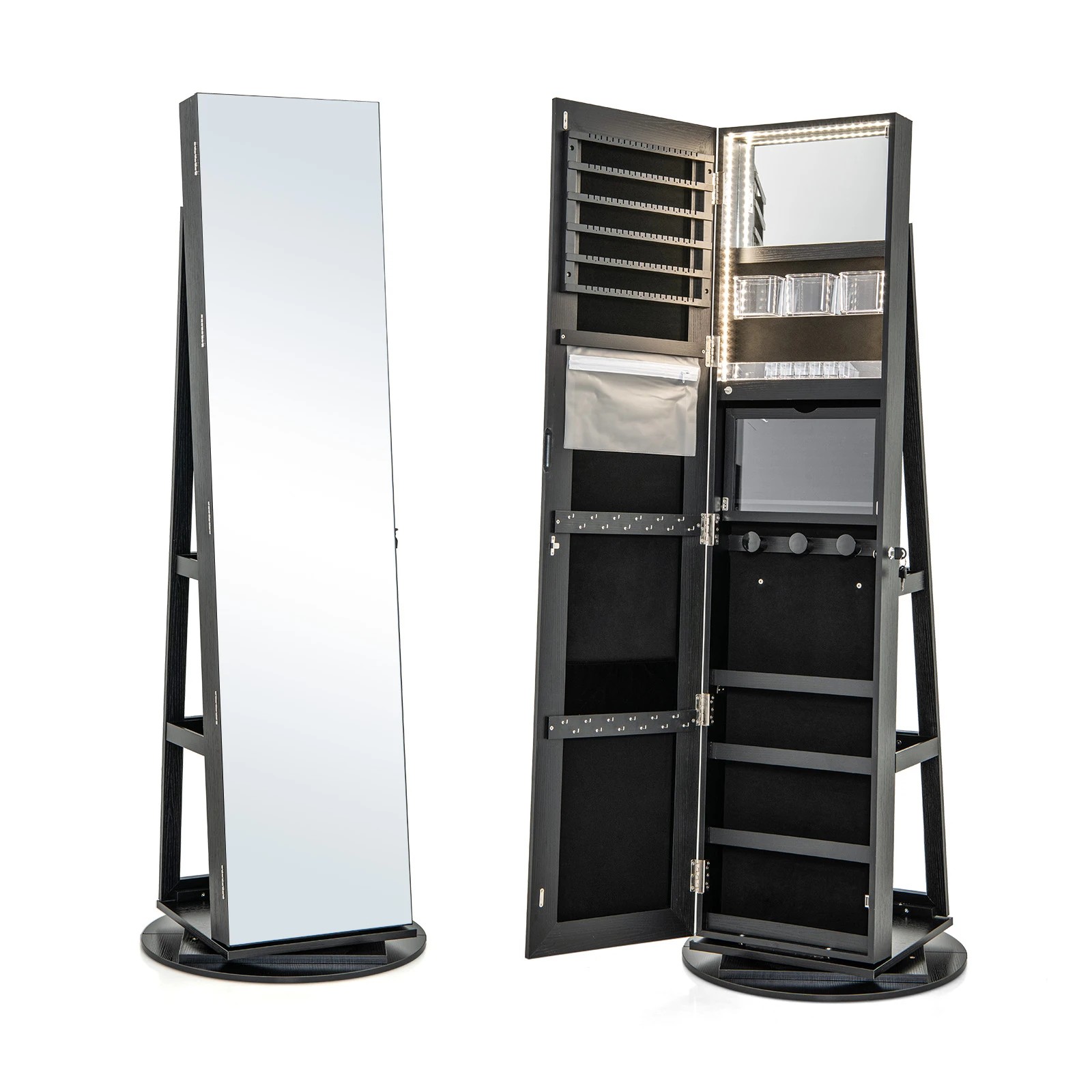 1 Costway 360° Rotating LED Jewellery Cabinet Full Length Mirror Armoire Makeup Cabinet - Black, 1 of 5