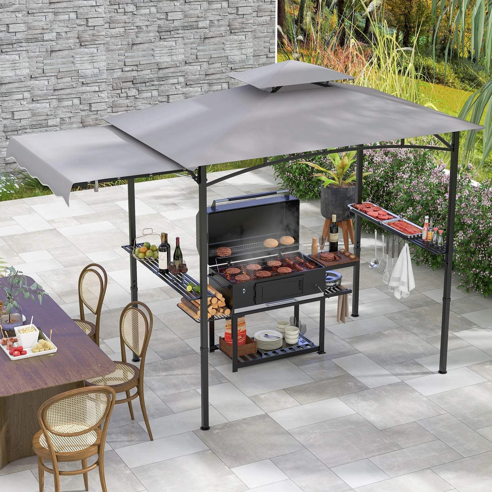 2 Costway 318 x 153cm BBQ Grill Gazebo w/Side Awning Outdoor Barbecue Canopy, 2 of 2