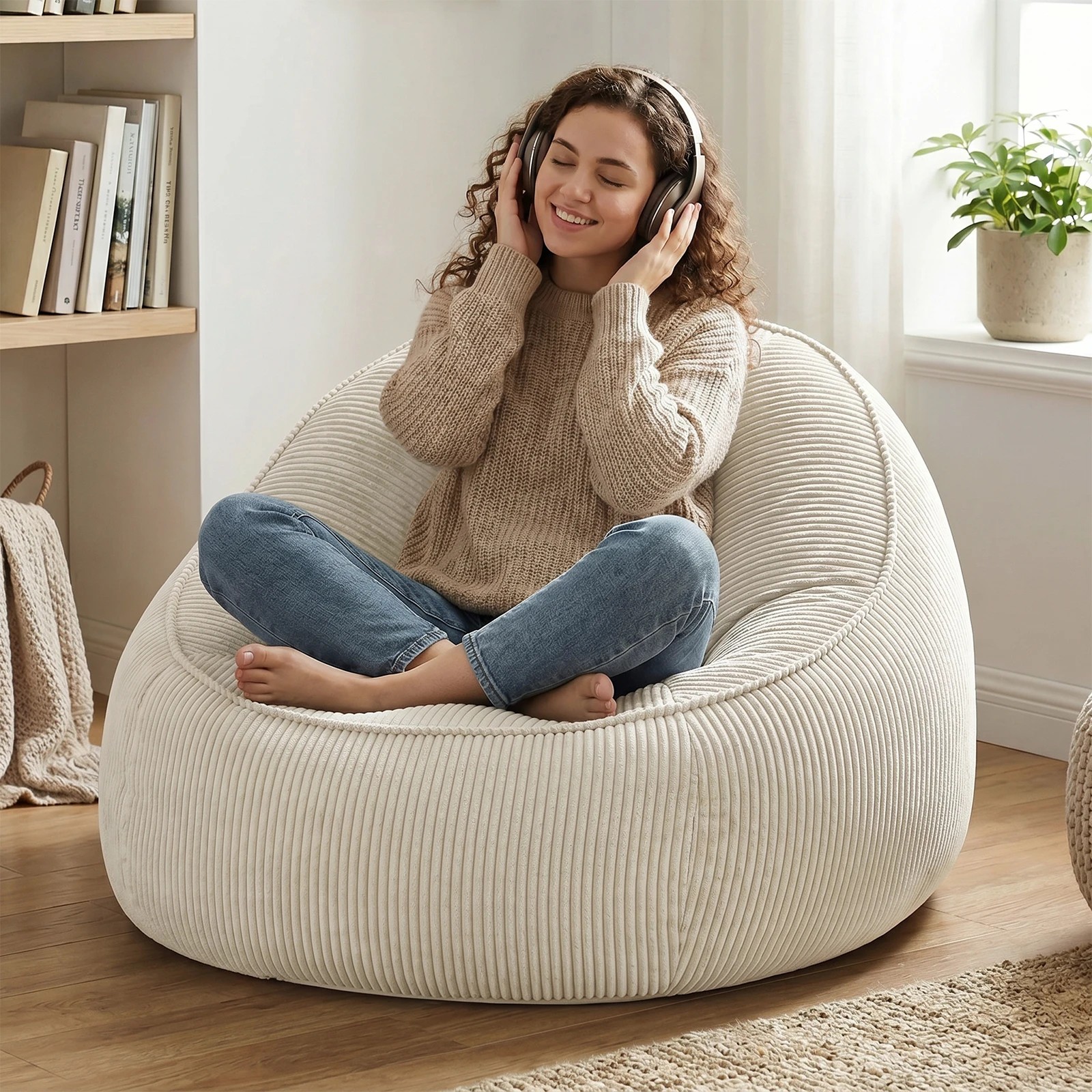 4 Advwin Bean Bag Chair Sofa w/ Handle Adults Teens Corduroy Lazy Floor Sofa - Beige, 4 of 7