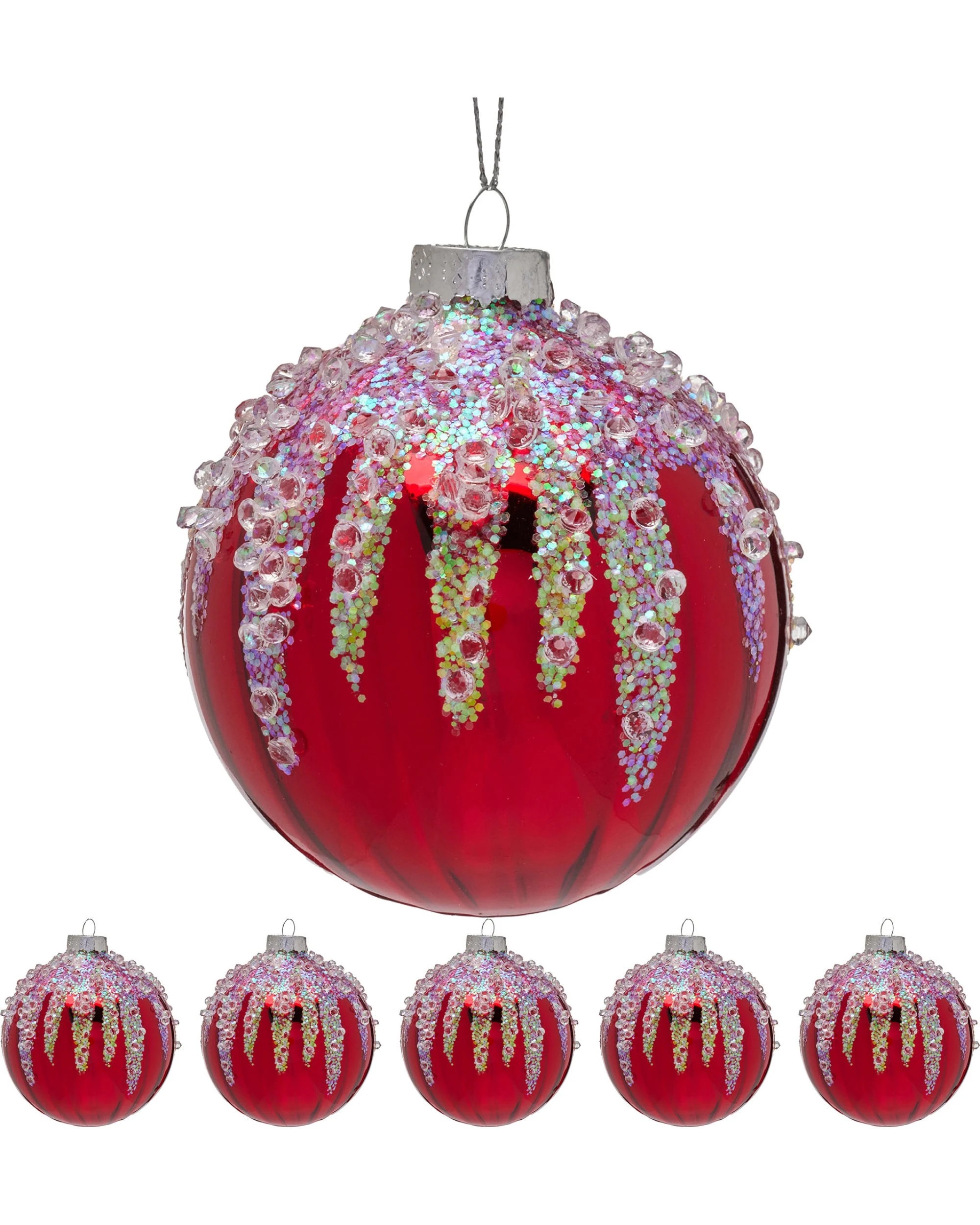 1 Christabelle Box of 6 Red Glass Baubles with Sequin Frosting - Red, 1 of 3