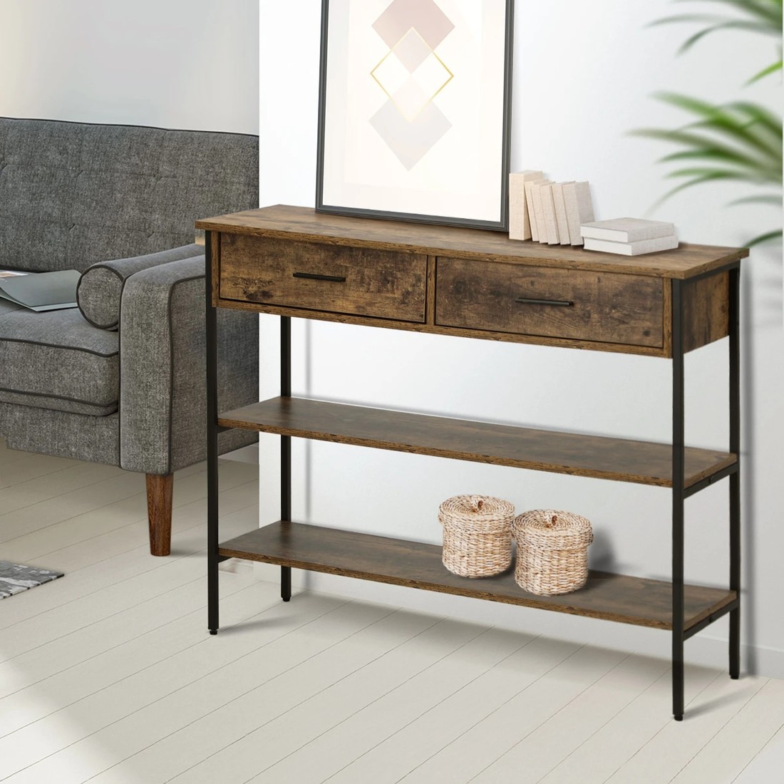 3 Oikiture 3-tier Console Table Wood Sofa Table With 2 Drawers Hall Side Entry
 - Natural, 3 of 10