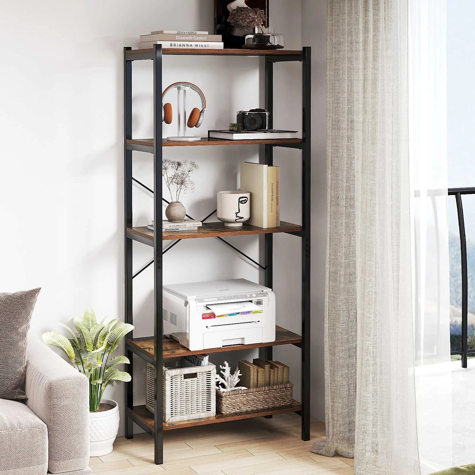 3 Costway 5-Tier Bookshelf Bookcase w/Metal Frame & Dual Anti-Tipping Kits Storage Rack - Brown, 3 of 5