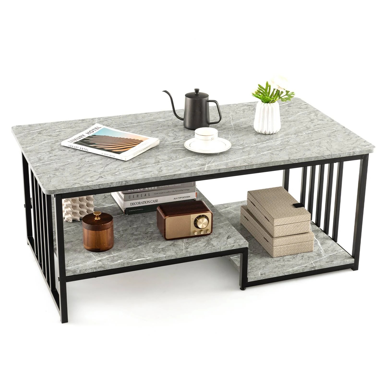 2 Costway 2-Tier Coffee Table Square Center Table - Grey, 2 of 3