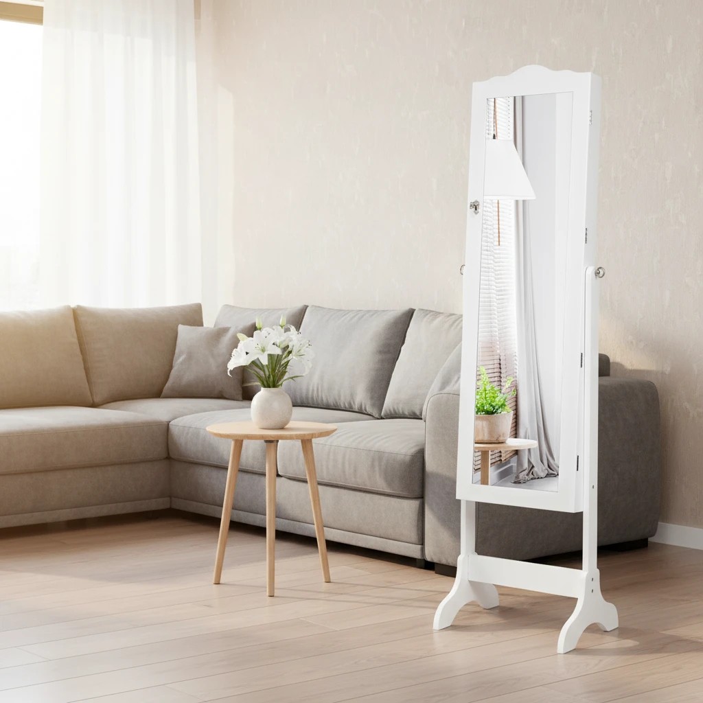 2 Costway Jewellery Cabinet Armoire Organizer Mirrored Bedroom Cabinets w/Mirror & LED Lights - White, 2 of 5