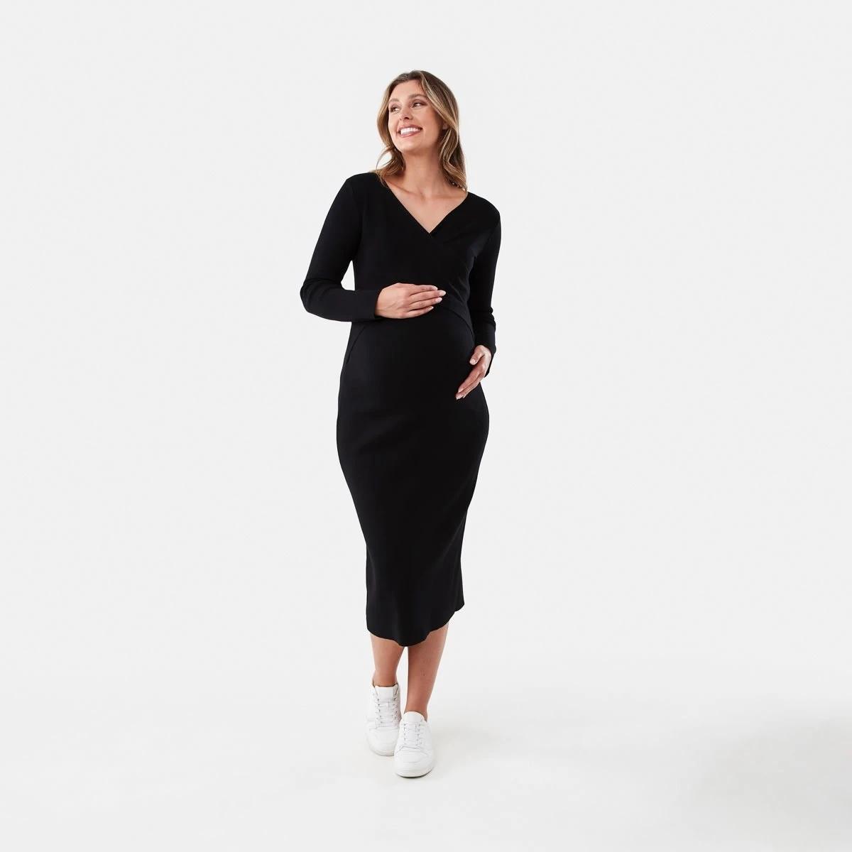 1 Maternity Cross Front Knit Midi Dress Black, 1 of 6