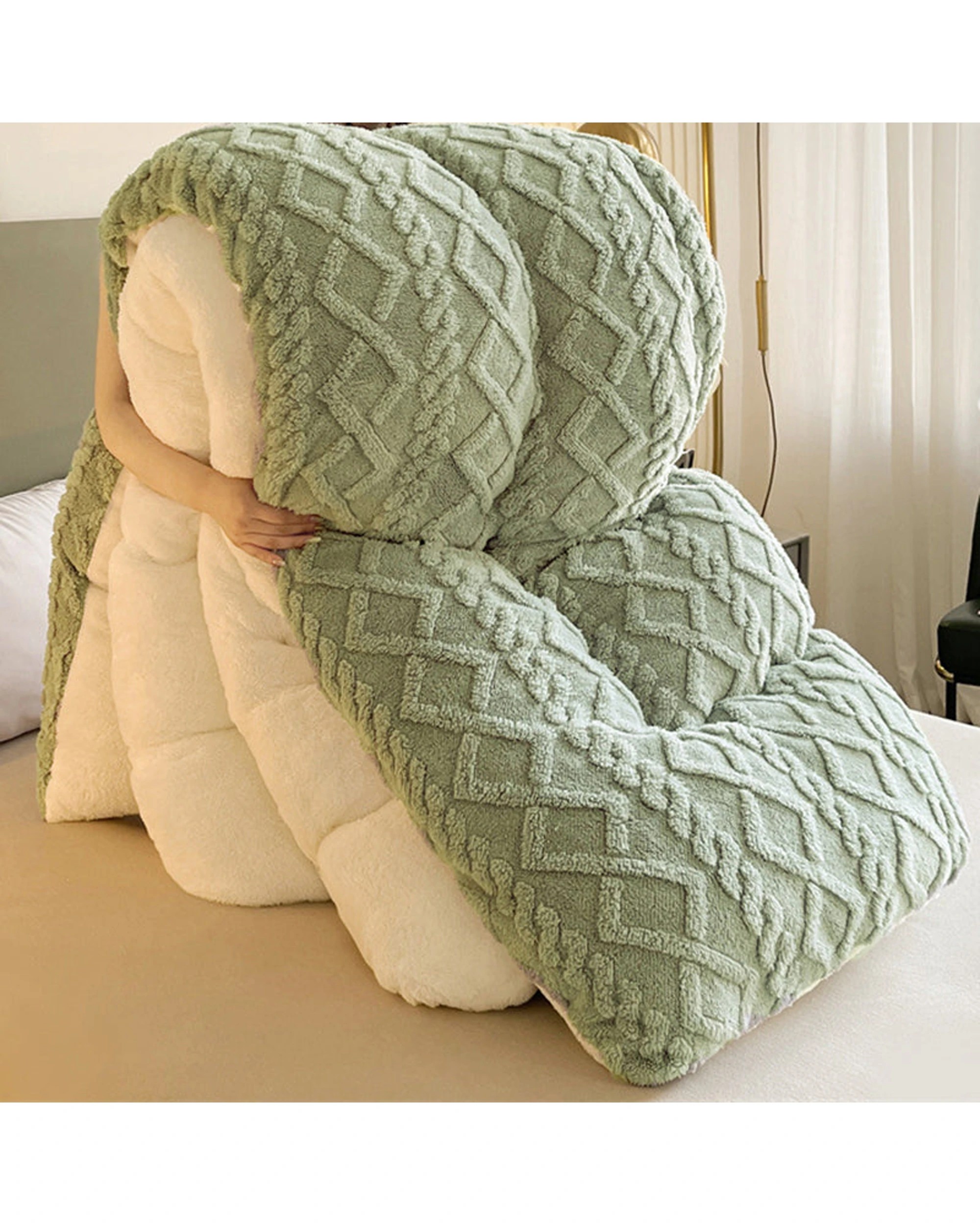 2 Cotton More Comforter Sherpa Reversible Diamond Plush Blanket 200x230cm - Green, 2 of 7