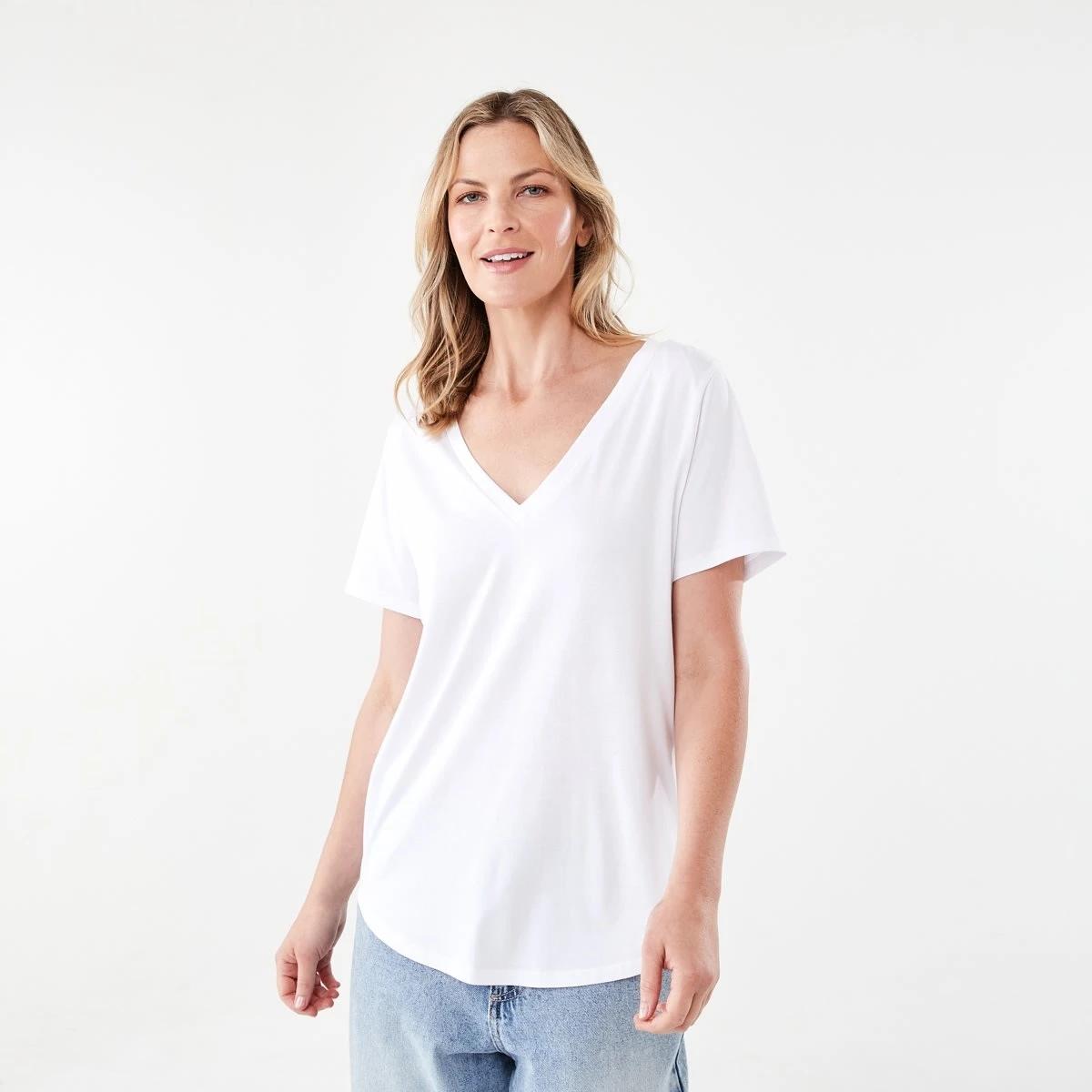 1 Short Sleeve Cotton Modal V-Neck T-shirt White, 1 of 5