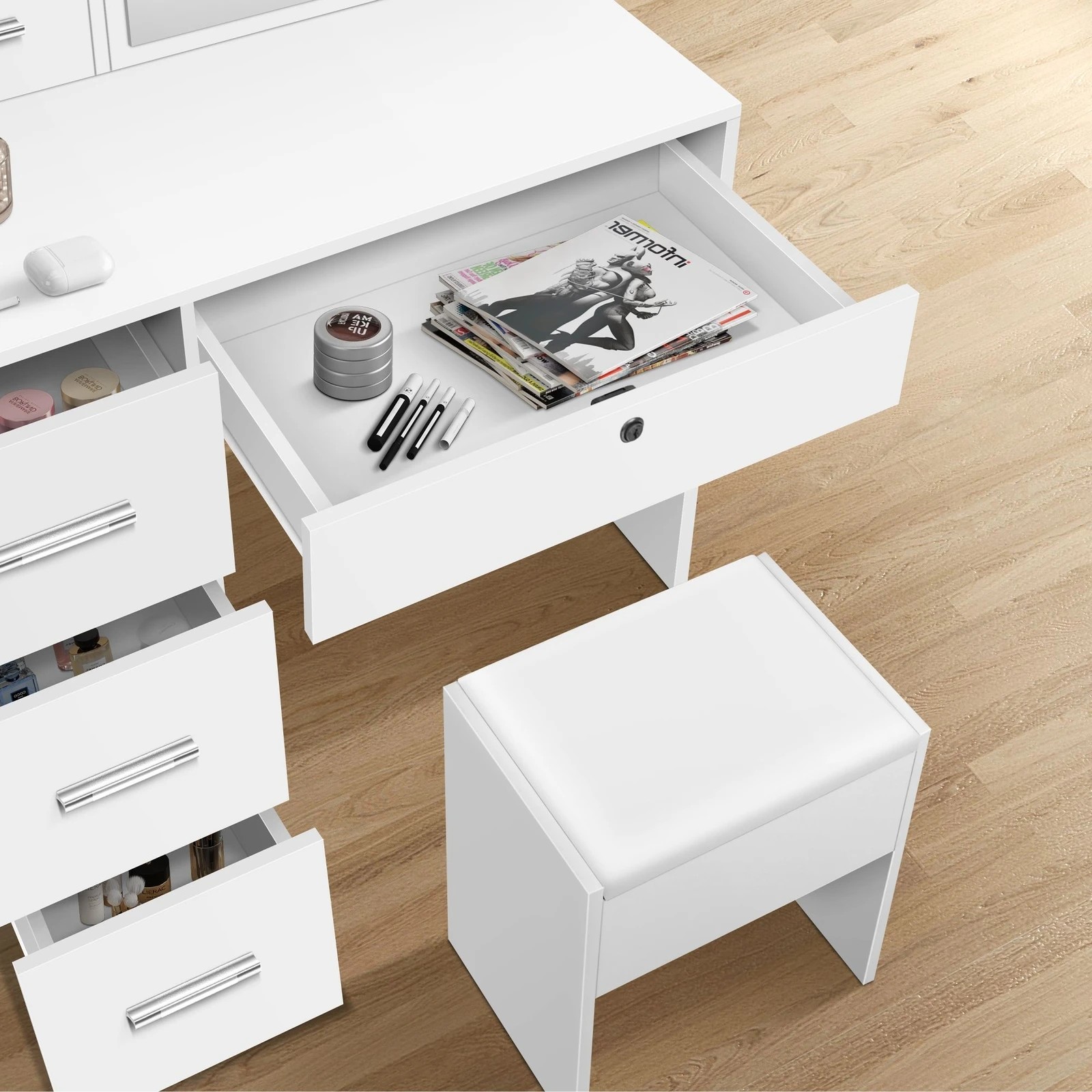 3 Alfordson Dressing Table Stool Set Makeup Vanity Desk LED 10 Bulbs - White, 3 of 10