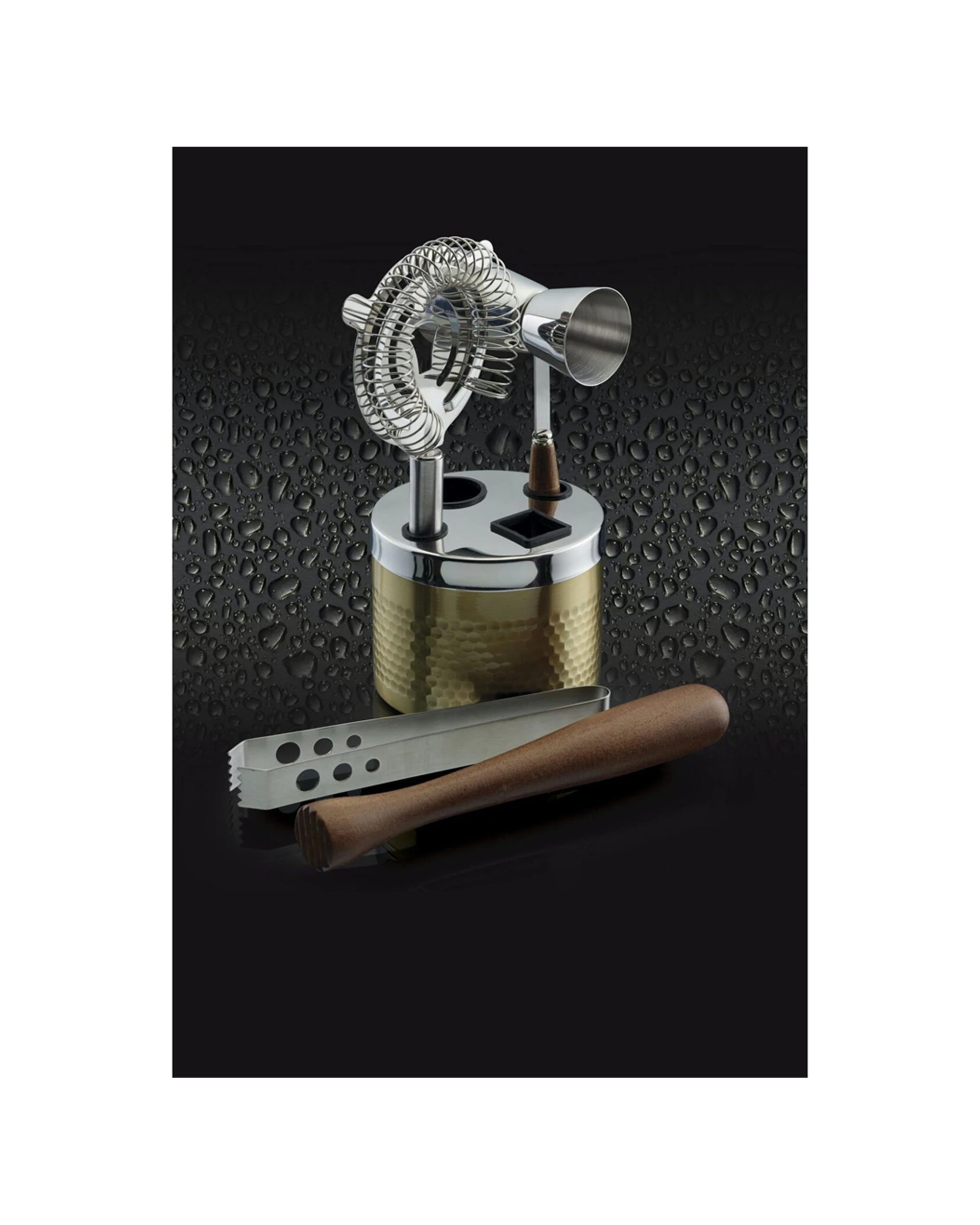 4 BarCraft 5pc Cocktail Muddler Strainer Set Hammered Brass Finish - Silver, 4 of 7