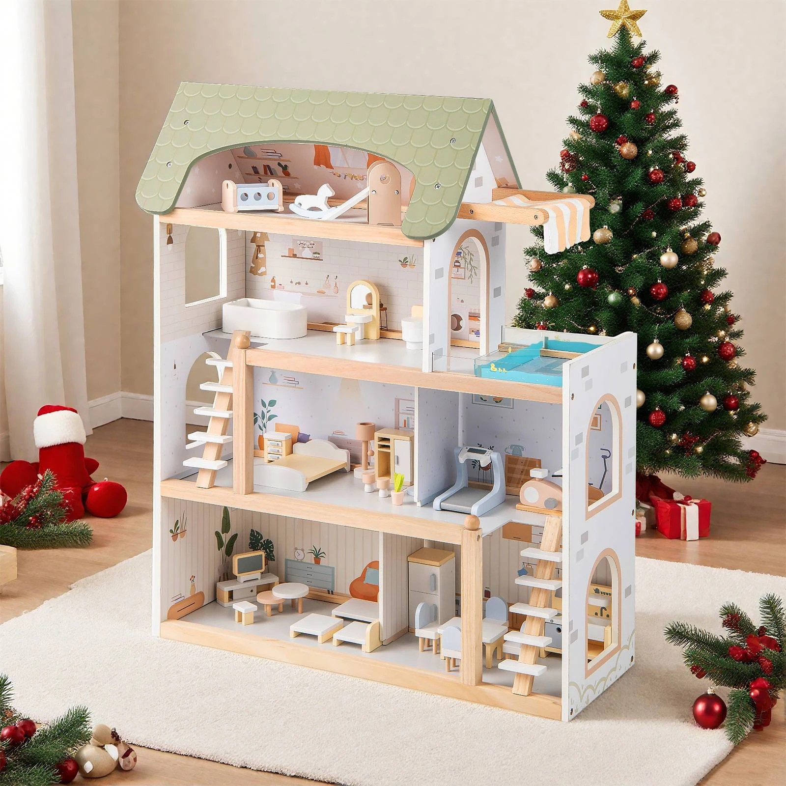 3 Costway Wooden Doll House Dollhouse Playset DIY Pretend Play Toy - Green, 3 of 3
