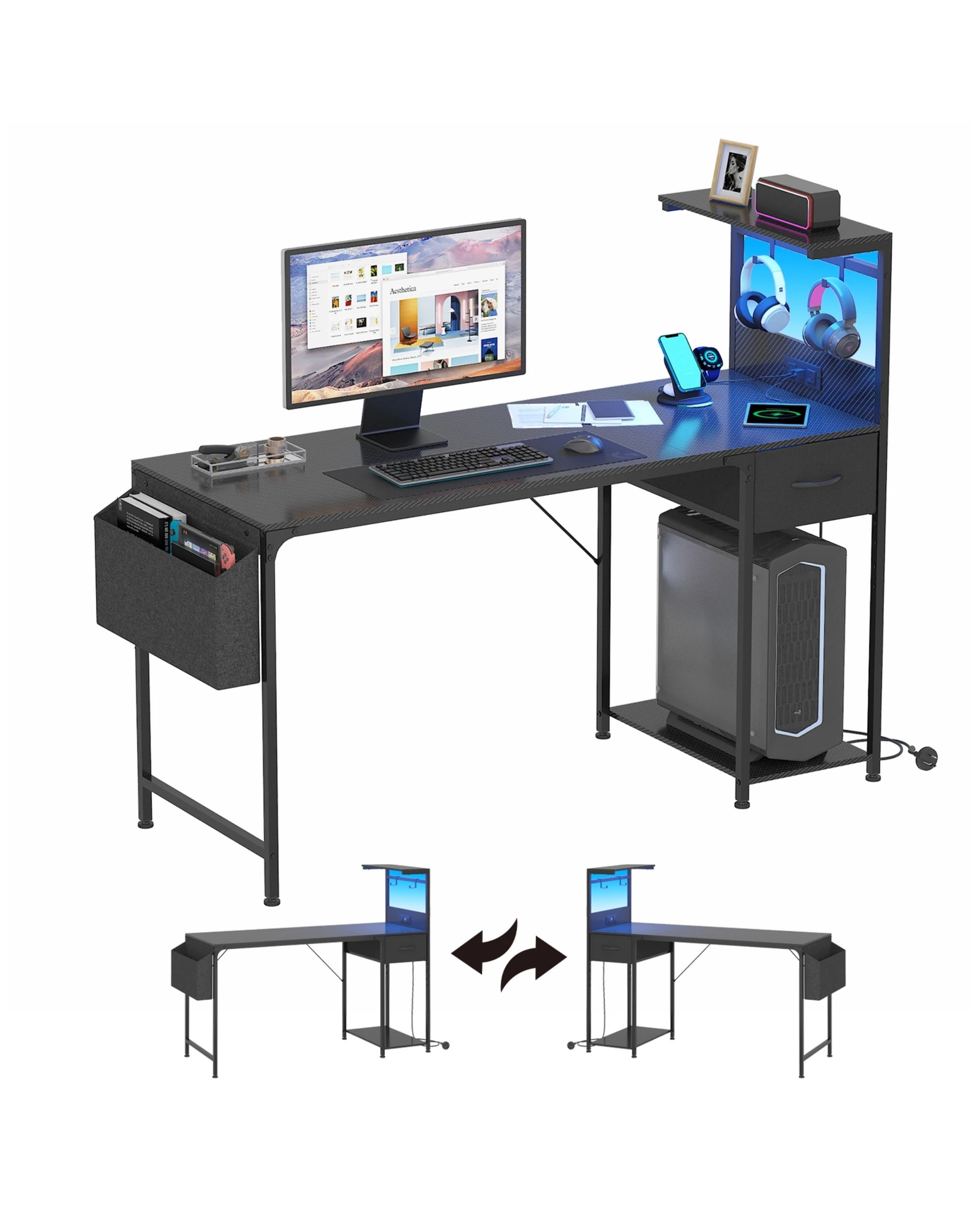 3 Advwin Gaming Desk with LED Lights & Power Outlets Reversible Storage Shelf 120cm Computer Desk with Fabric Drawer, 3 of 10