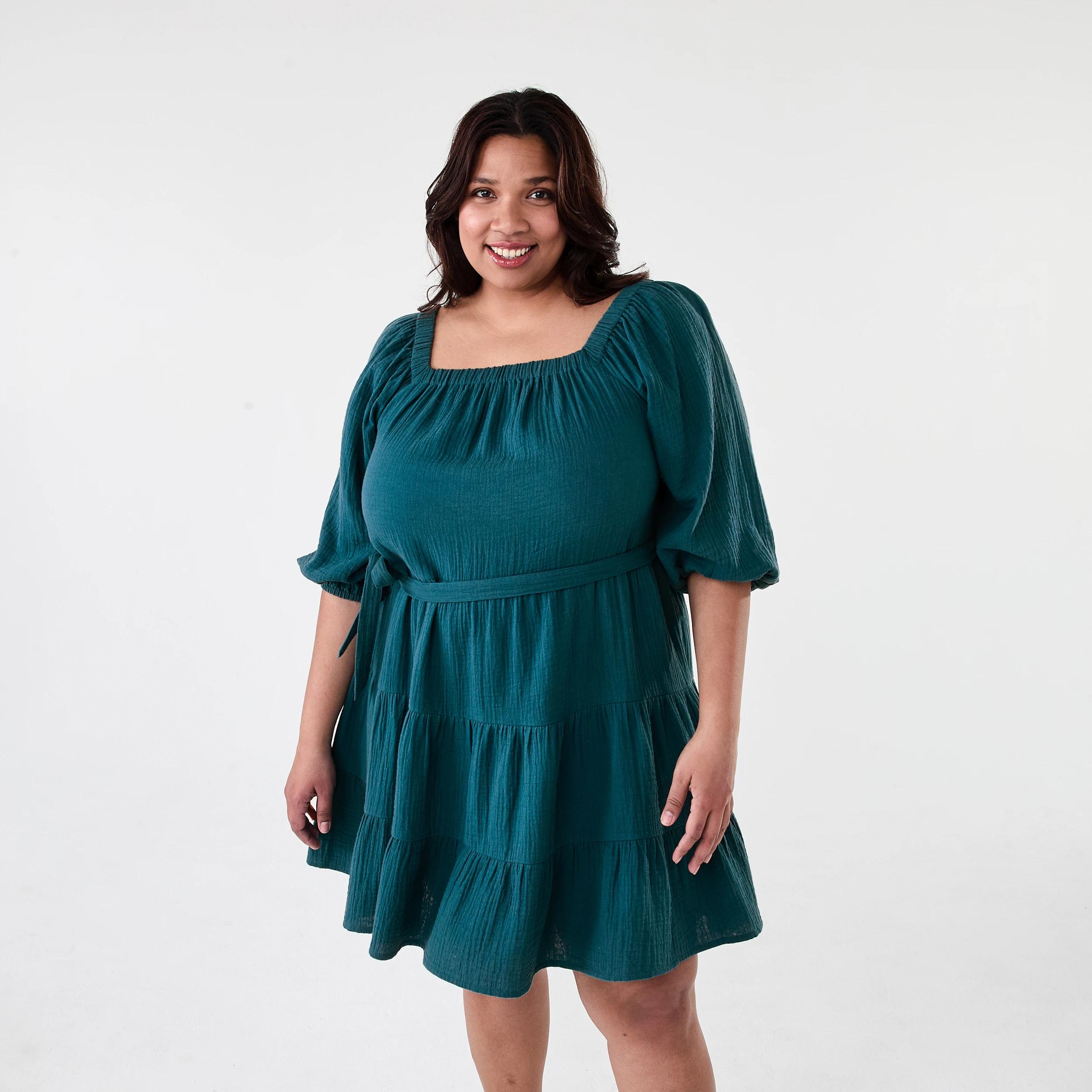 1 Curve Short Sleeve Tiered Double Cloth Midi Dress Teal Coral, 1 of 8