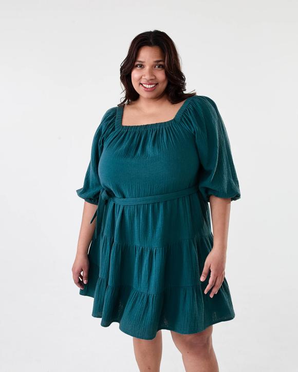 Curve Short Sleeve Tiered Double Cloth Midi Dress