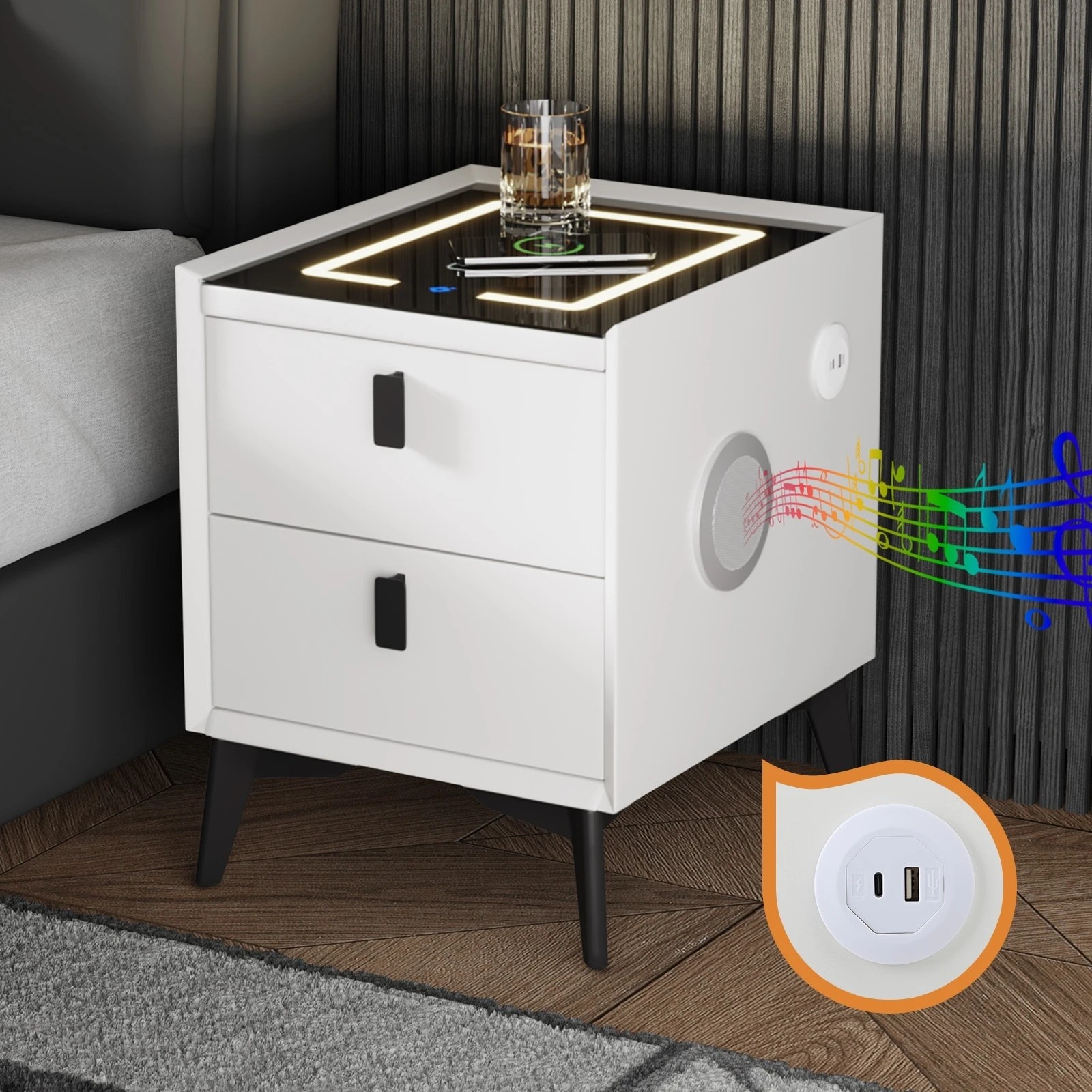 7 Oikiture Set of 2 Smart Bedside Tables Wireless Charging LED Drawers Nightstand - White, 7 of 7