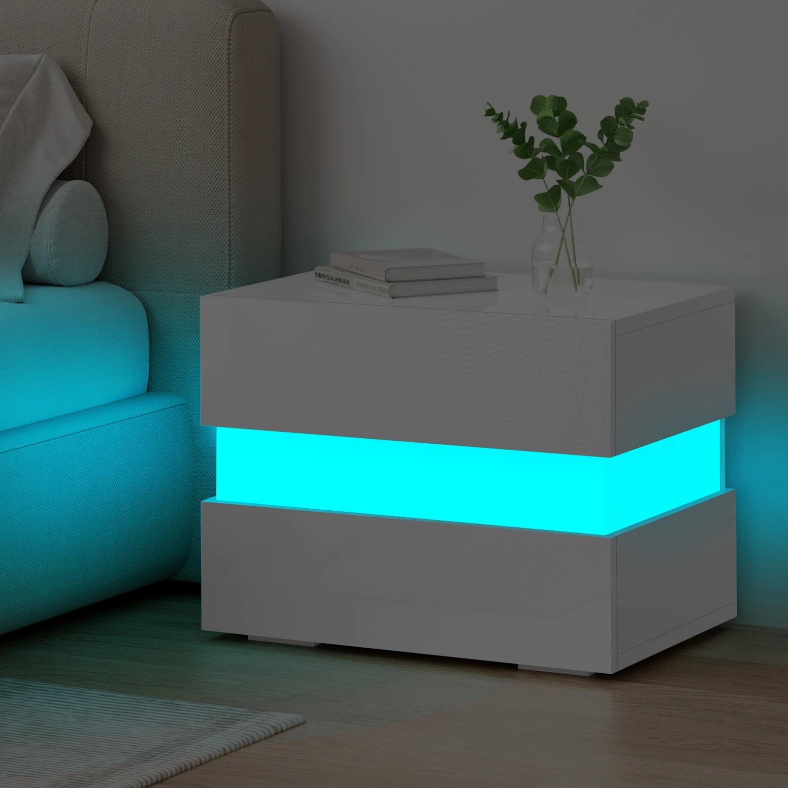 7 Alfordson Bedside Table RGB LED Nightstand 2 Drawers 4 Side High Gloss - White, 7 of 10