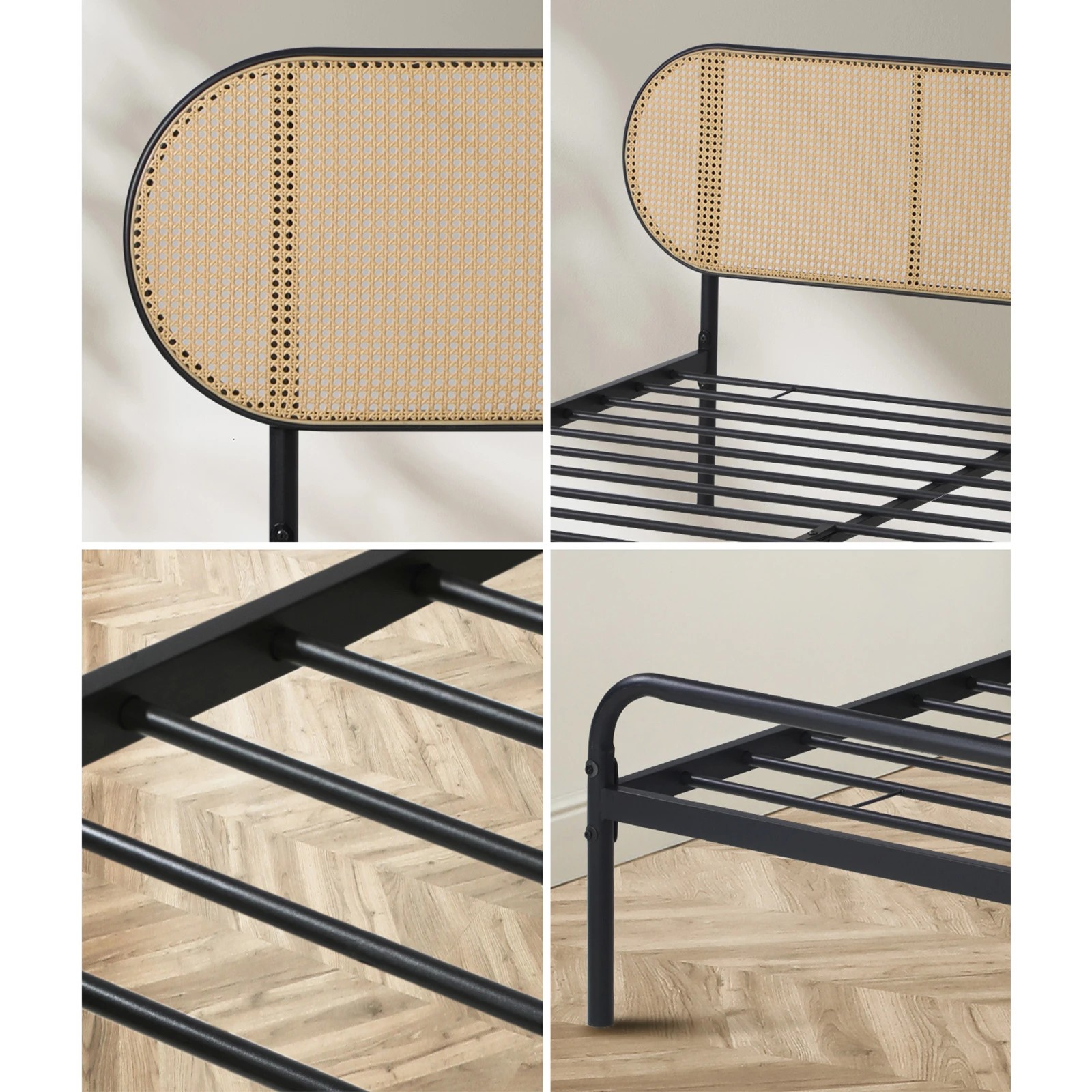 4 Oikiture Bed Frame Single Size Metal Base Platform With Rattan Headboard
 - Black, 4 of 9