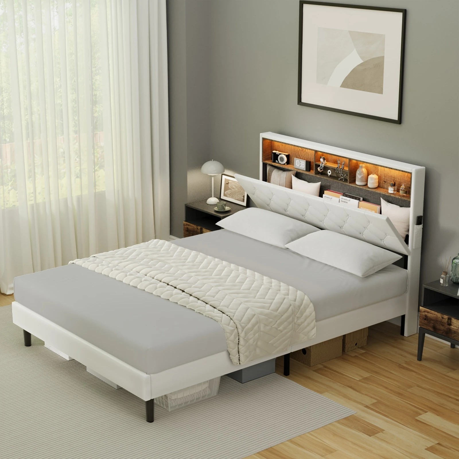 7 Oikiture Bed Frame King Size with LED Storage Bedhead - White, 7 of 9