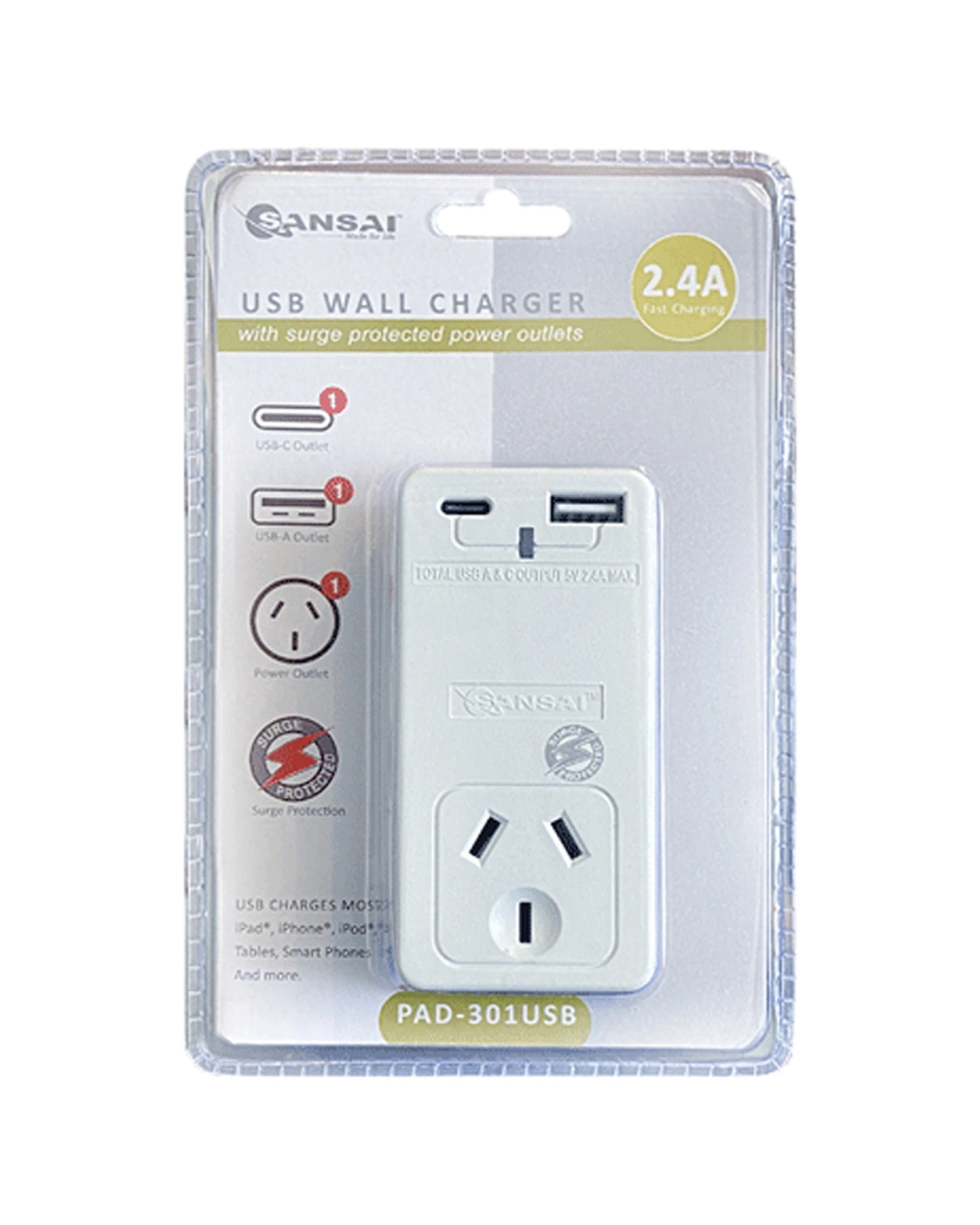 1 Sansai 2.4A USB Wall Socket Adaptor Charger With USB-A USB-C Ports - White, 1 of 2