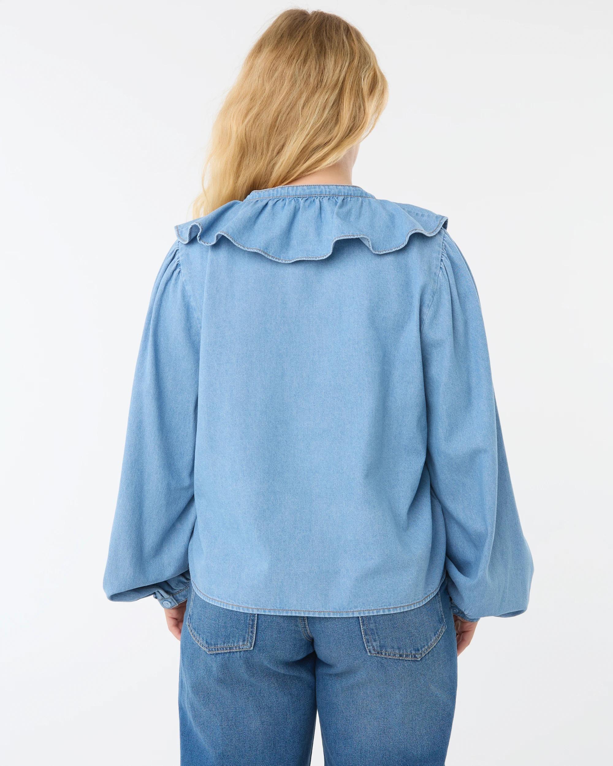 6 Long Sleeve Chambray Frill Button Through Top Light Wash, 6 of 7