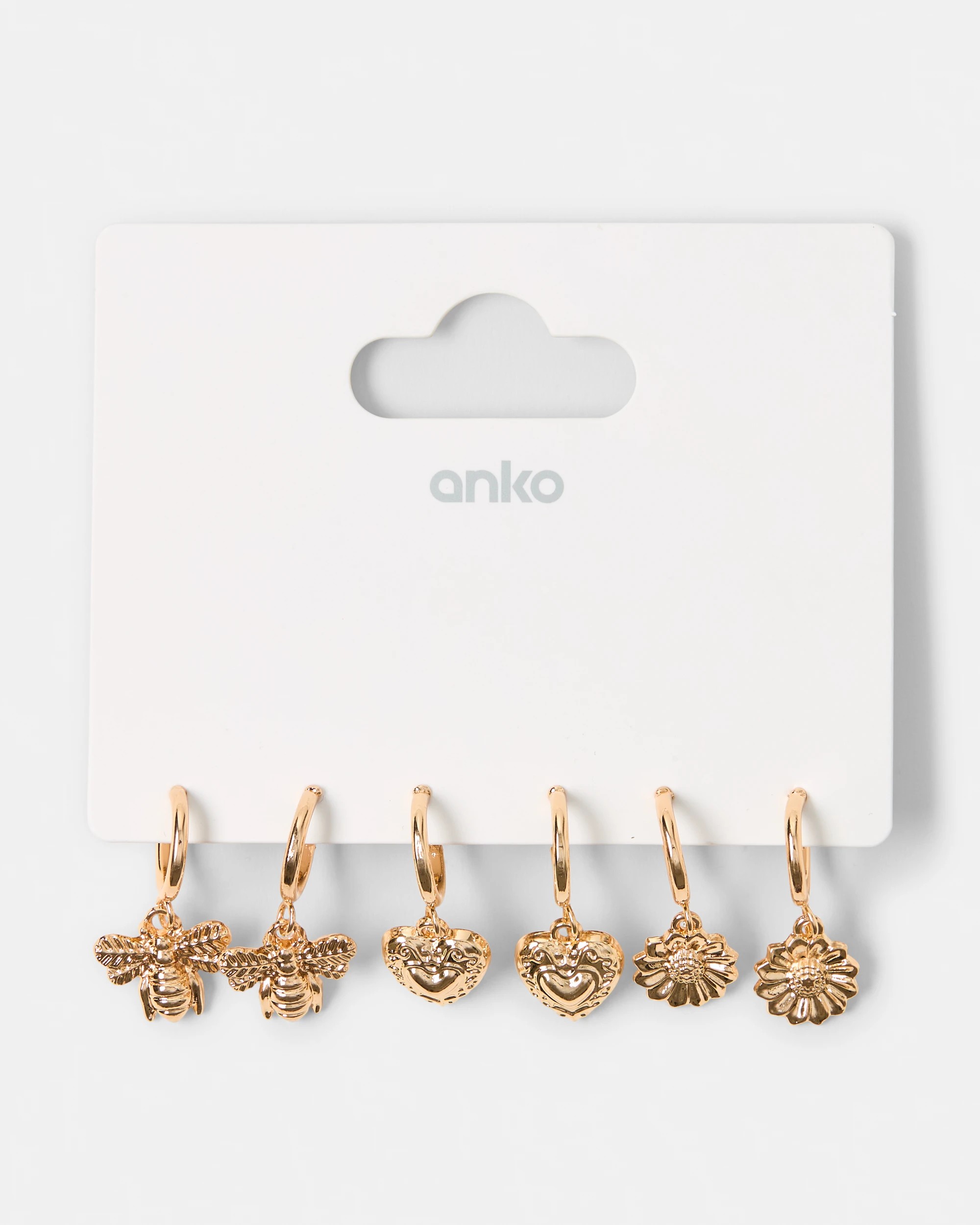 5 3 Pack Flower, Bee and Heart Earrings - Gold Tone, 5 of 5