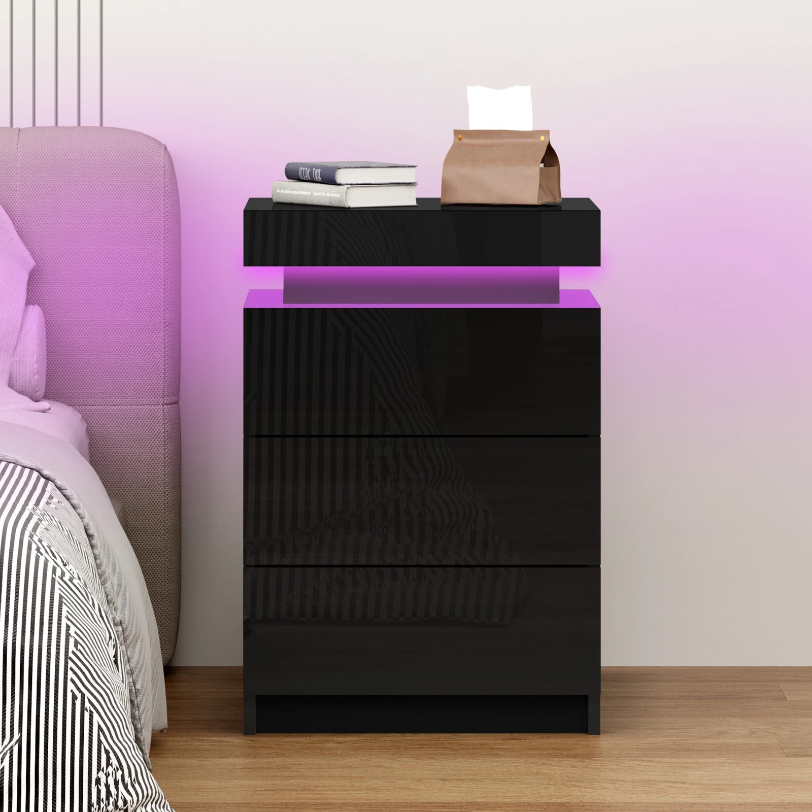 6 Alfordson Bedside Table RGB LED Nightstand 3 Drawers 4 Side High Gloss - Black, 6 of 10