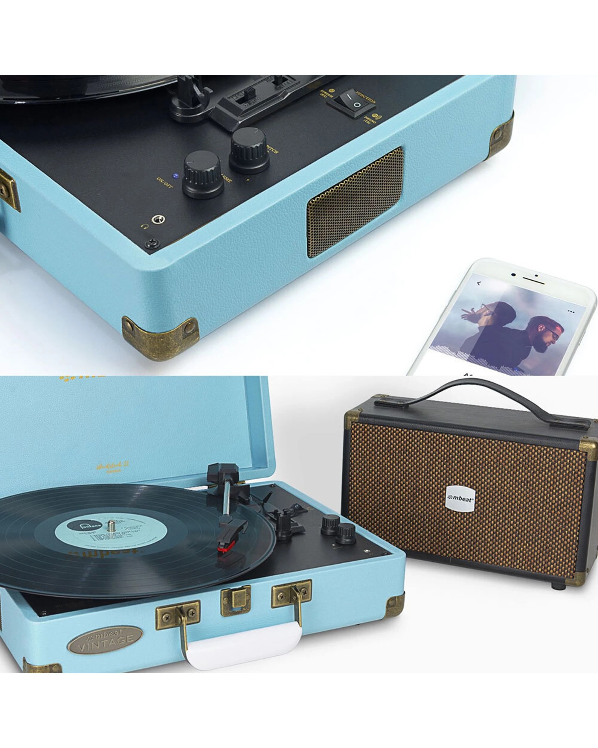 mBeat Woostock 2 Retro Turntable Record Player Portable - Blue - Kmart
