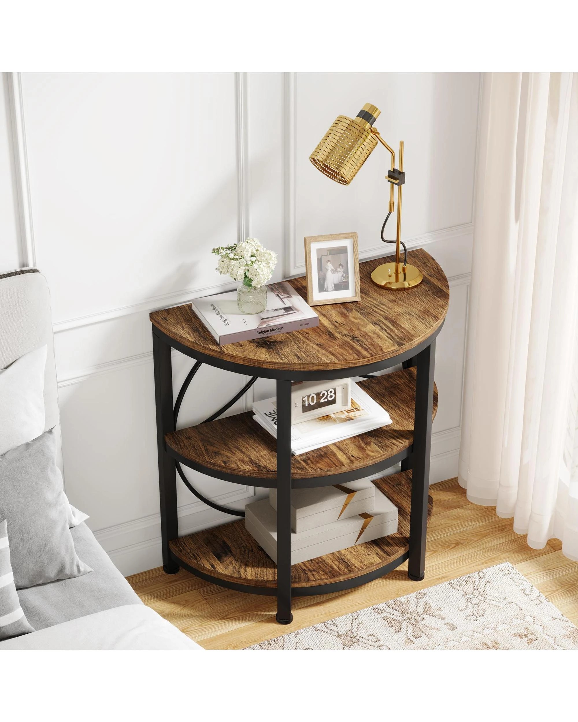 4 OAKORY Half-Round End Table, 3-Tier Narrow Side Table with Metal Frame, Rustic Brown Top, 4 of 8