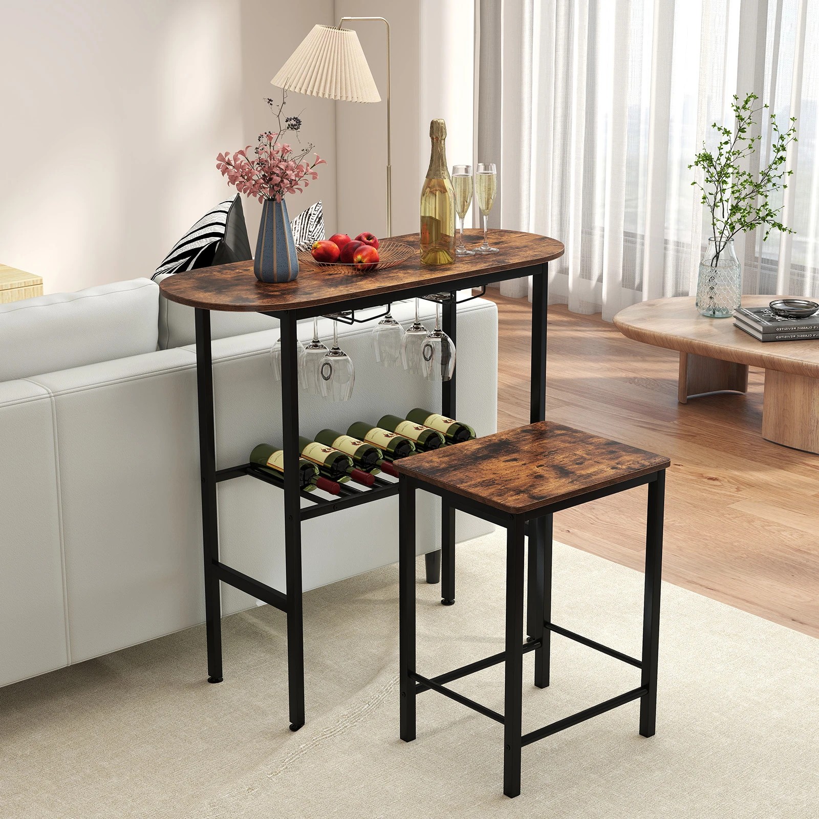 2 Costway 3PCS Dining Table Set & 2 Stools w/Storage Rack Glass Holder Footrest Metal Frame, 2 of 4